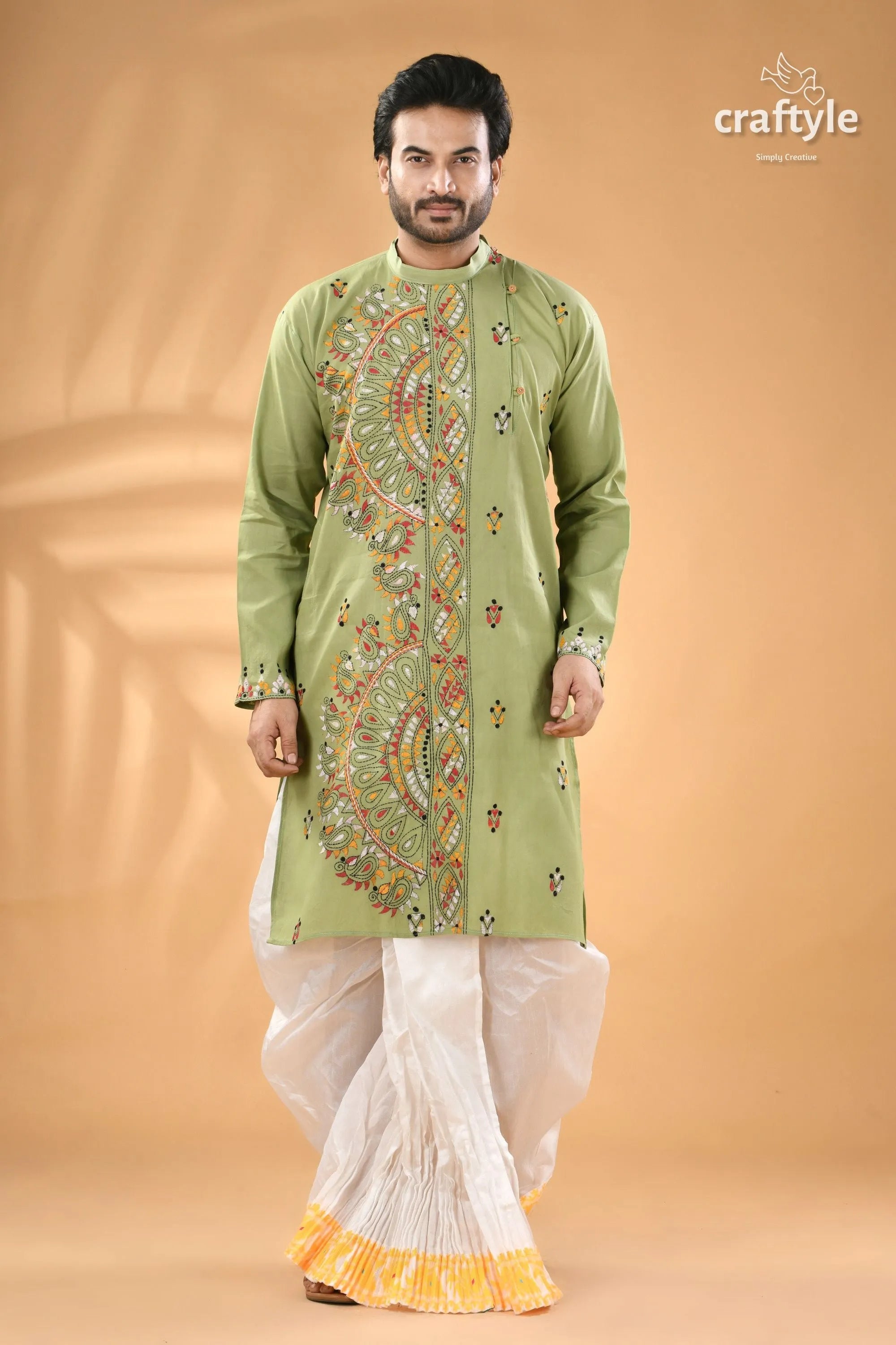 Spring rain green multi-thread kantha stitch cotton kurta for men men’s light embroidered 1