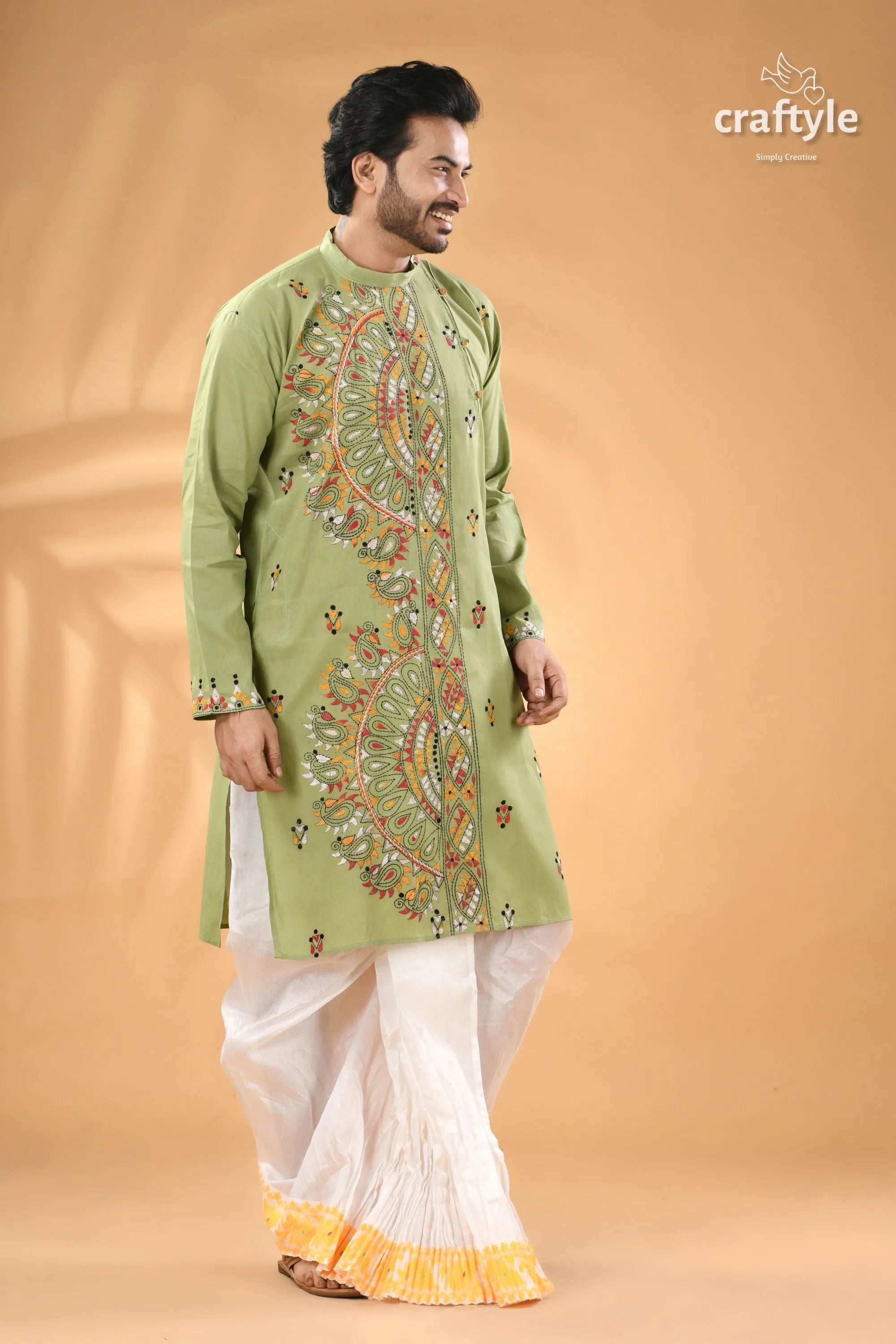 Spring rain green multi-thread kantha stitch cotton kurta for men men’s light intricate 3
