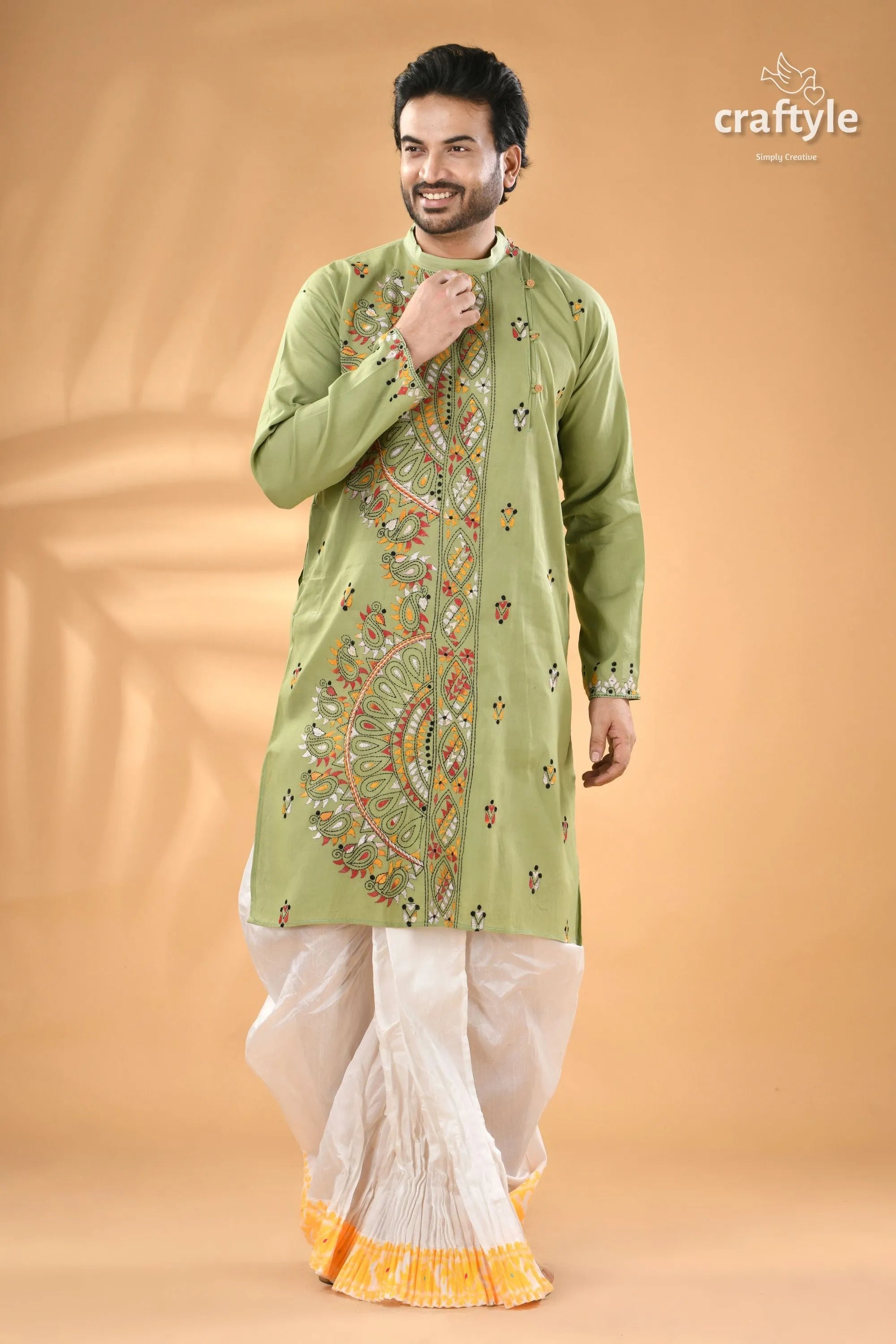 Spring rain green multi-thread kantha stitch cotton kurta for men men’s olive long-sleeved 5