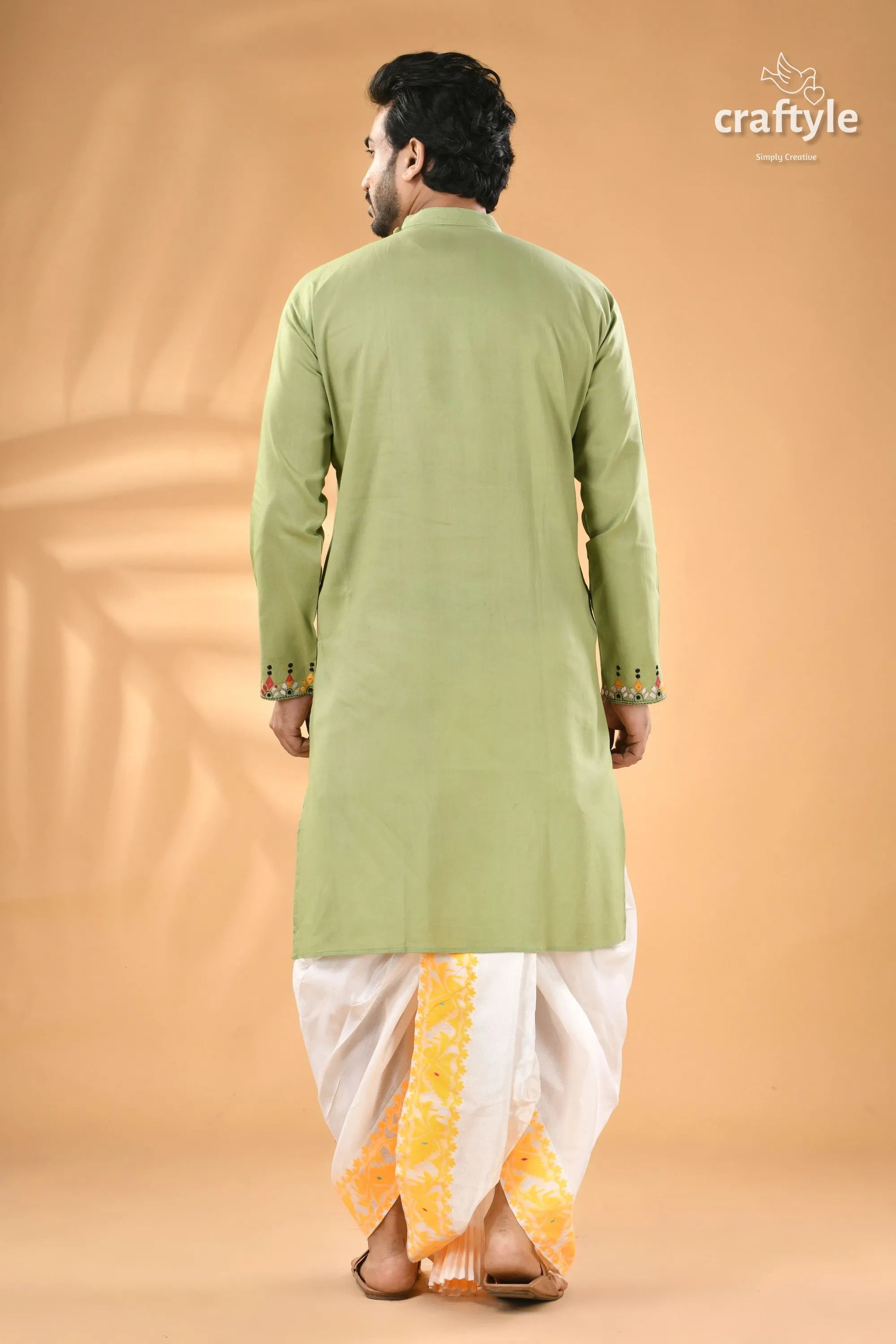 Spring rain green multi-thread kantha stitch cotton kurta for men men’s light white 6