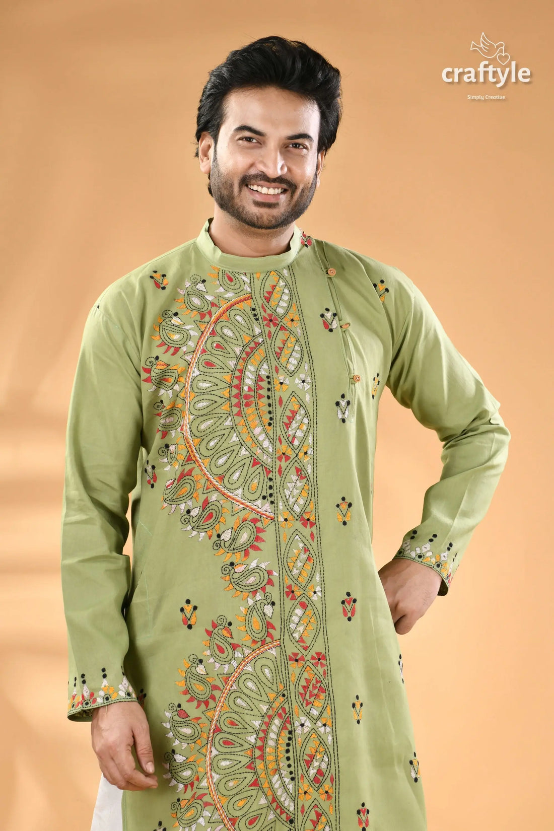 Spring rain green multi thread kantha stitch cotton kurta for men men’s light green kurta intricate 2