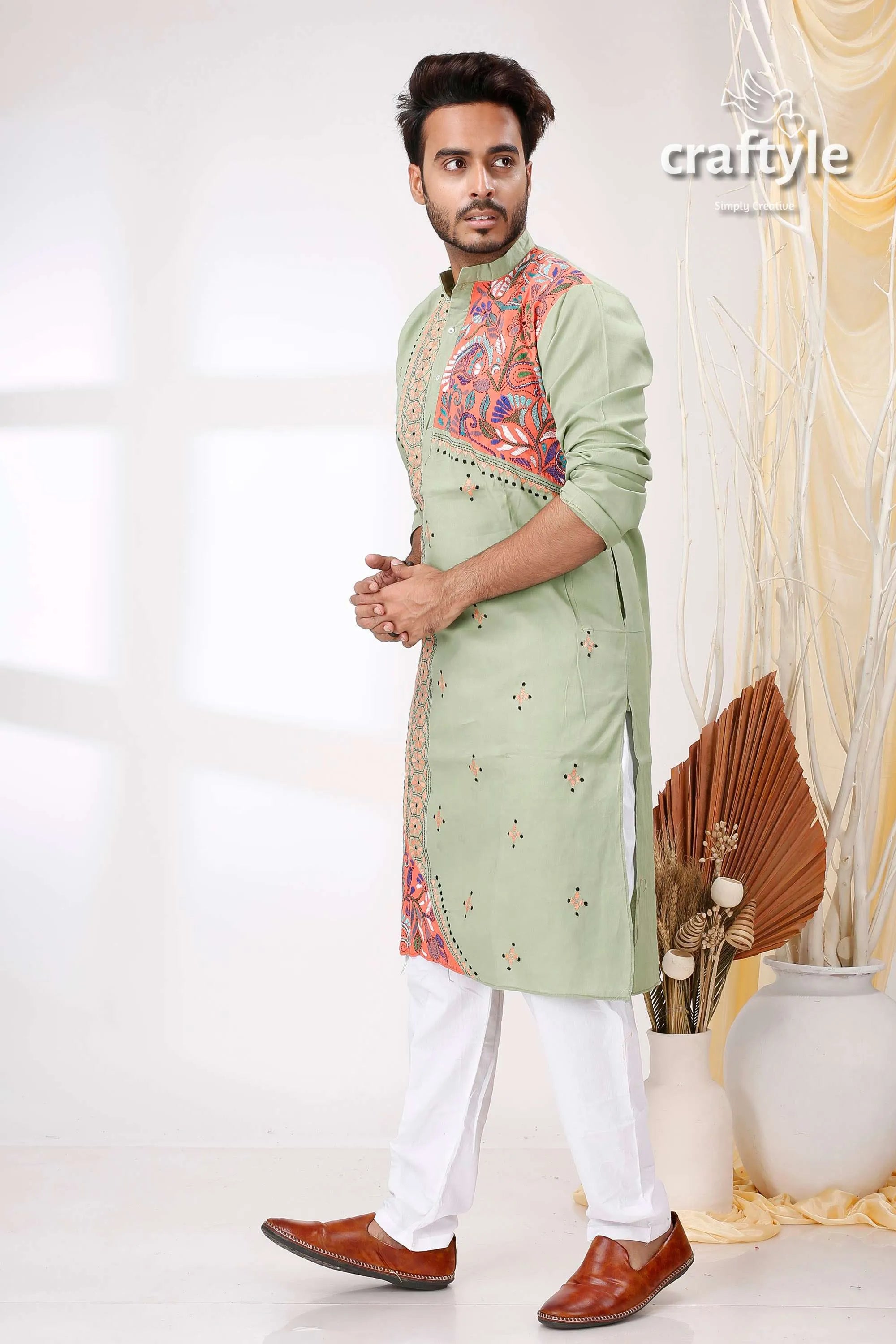 Spring rain green multithread design kantha work cotton kurta for men light embroidered intricate 3