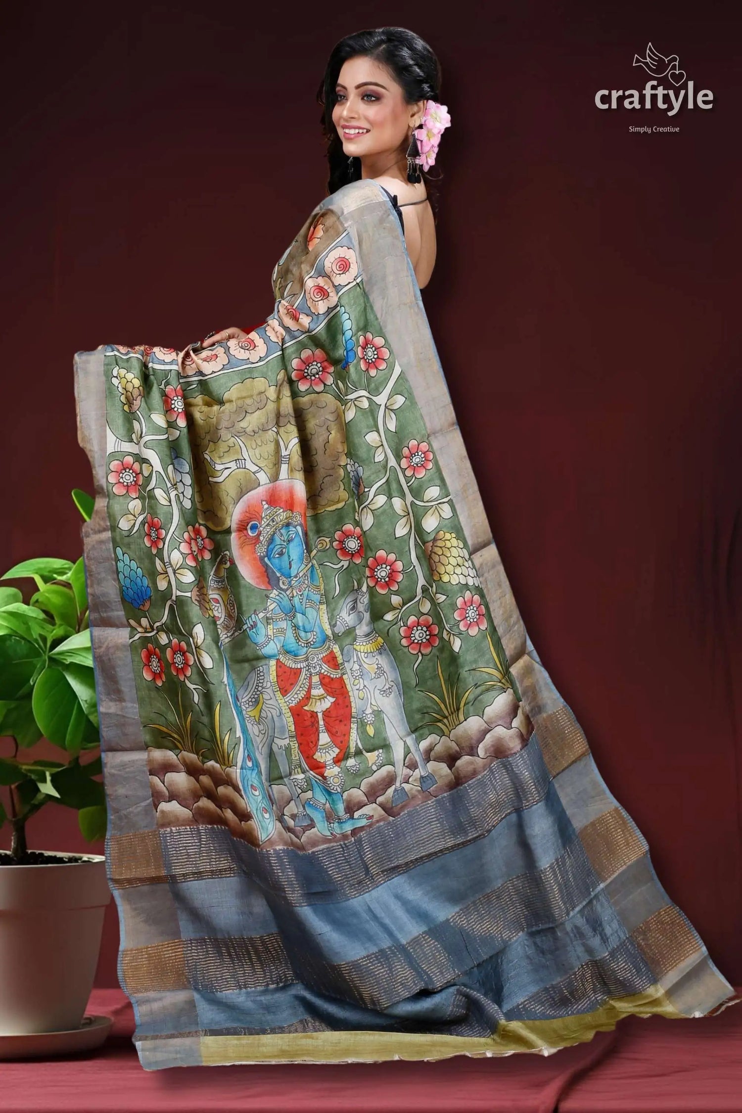 Sri krishna hand painted zari pure tussar kalamkari design saree hand-painted saree religious motif 3