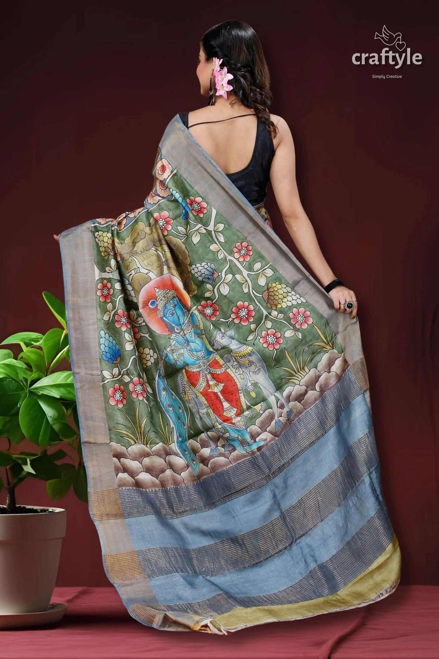 Sri krishna hand painted zari pure tussar kalamkari design saree painted saree striped border 4