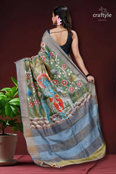 Sri krishna hand painted zari pure tussar kalamkari design saree painted saree striped border 4