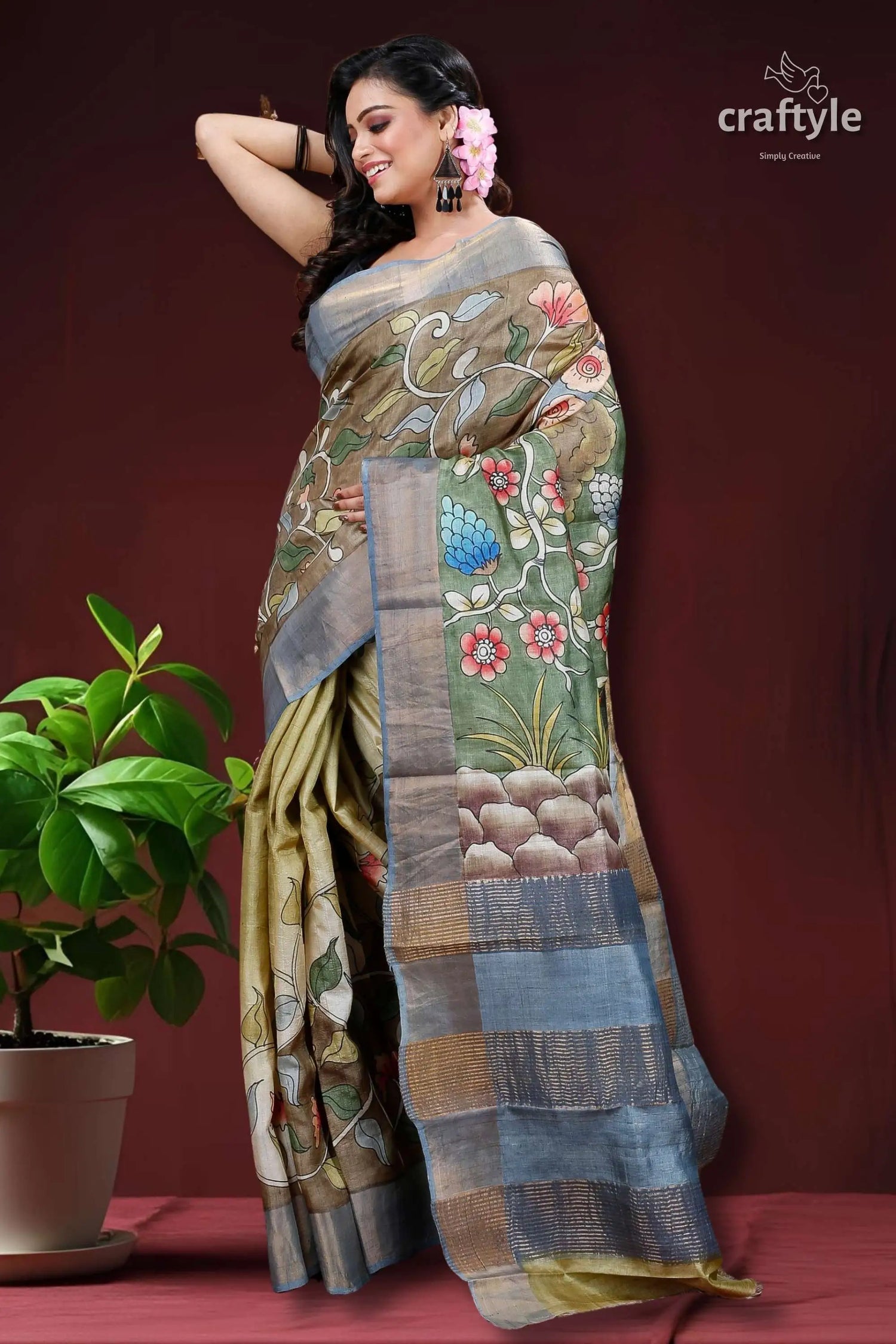 Sri krishna hand painted zari pure tussar kalamkari design saree floral-patterned saree patchwork border 5