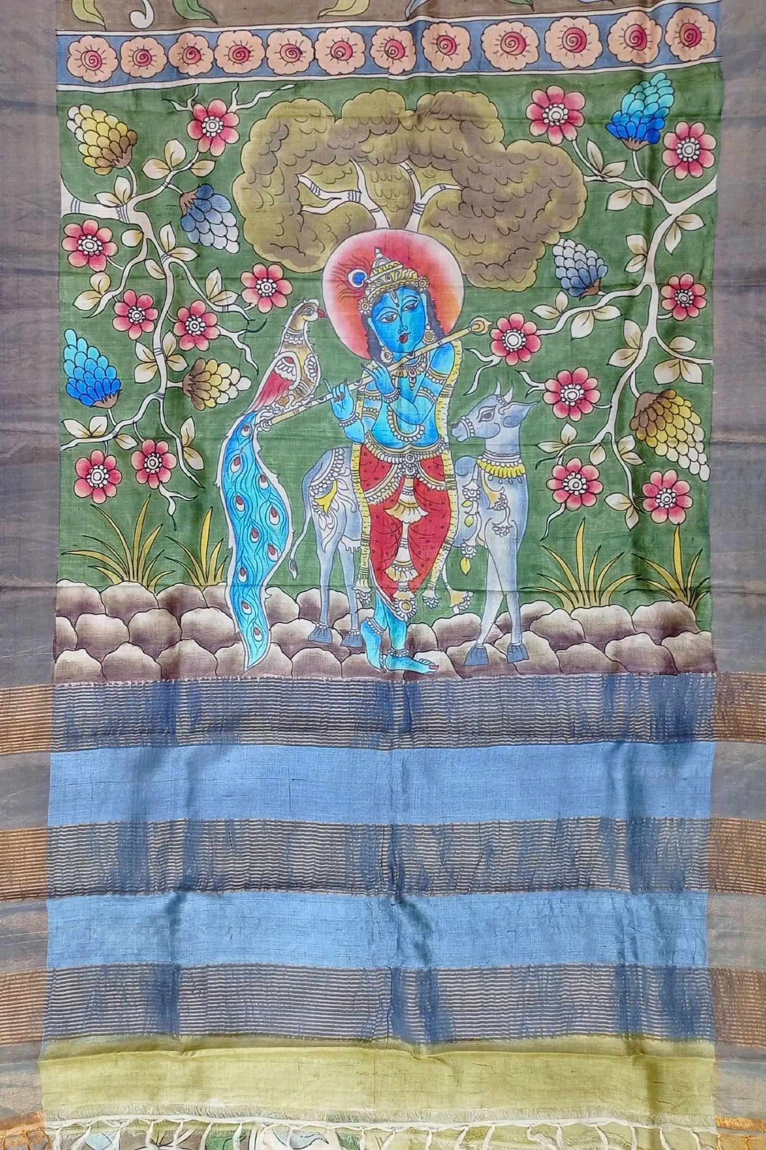 Sri krishna hand painted zari pure tussar kalamkari design saree hand-painted silk fabric krishna flute 6