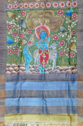 Sri krishna hand painted zari pure tussar kalamkari design saree hand-painted silk fabric krishna flute 6