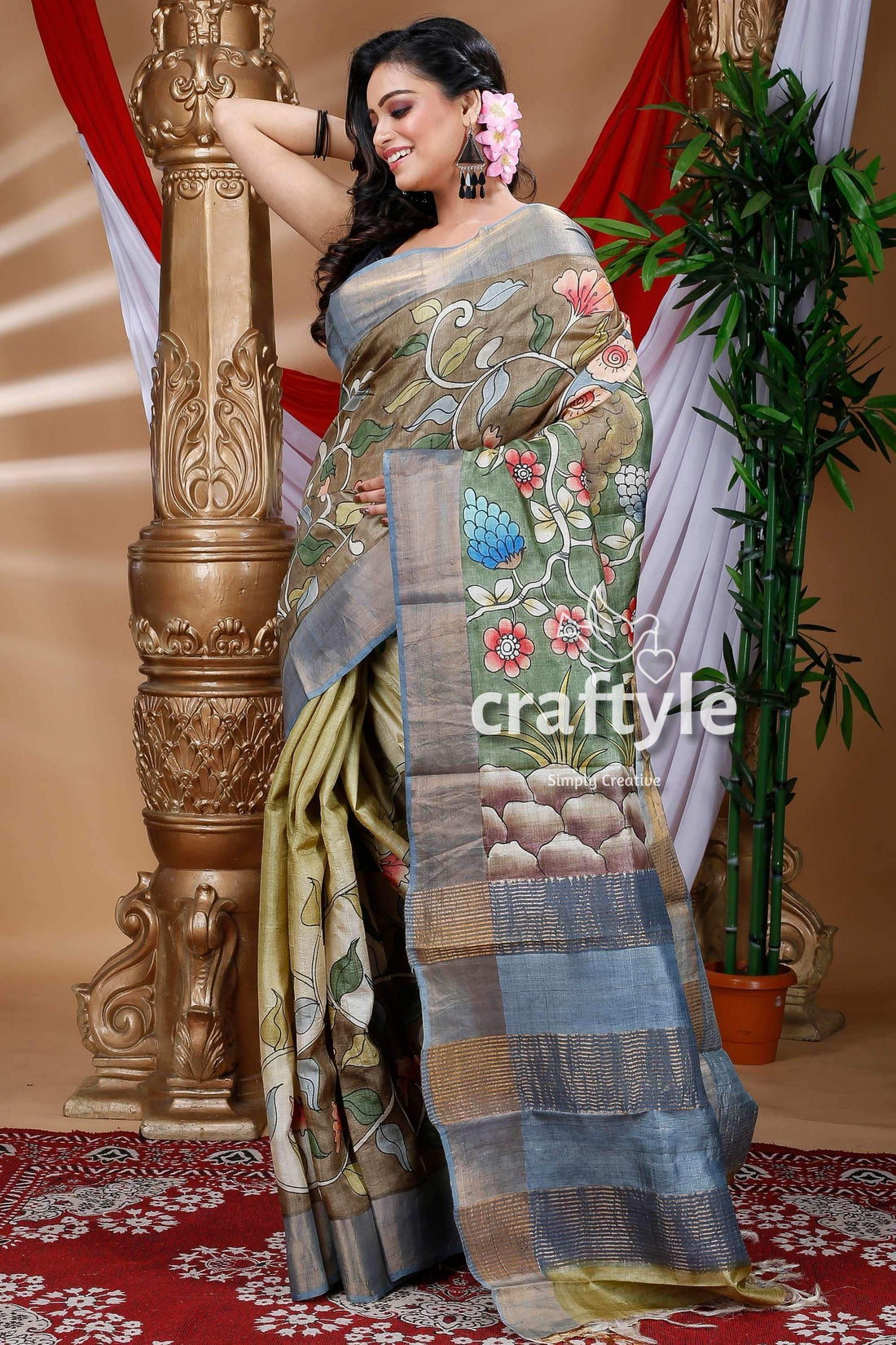 Sri Krishna Hand Painted Zari Pure Tussar Kalamkari Design Saree - Craftyle