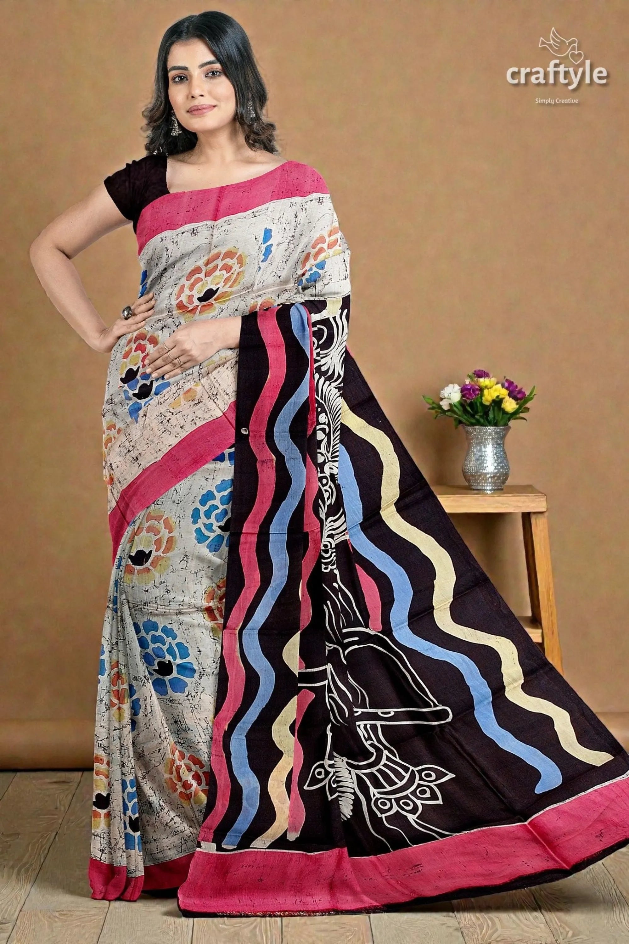 Sri krishna painted hand batik mulberry pure silk saree - vibrant patterned saree black pink 5