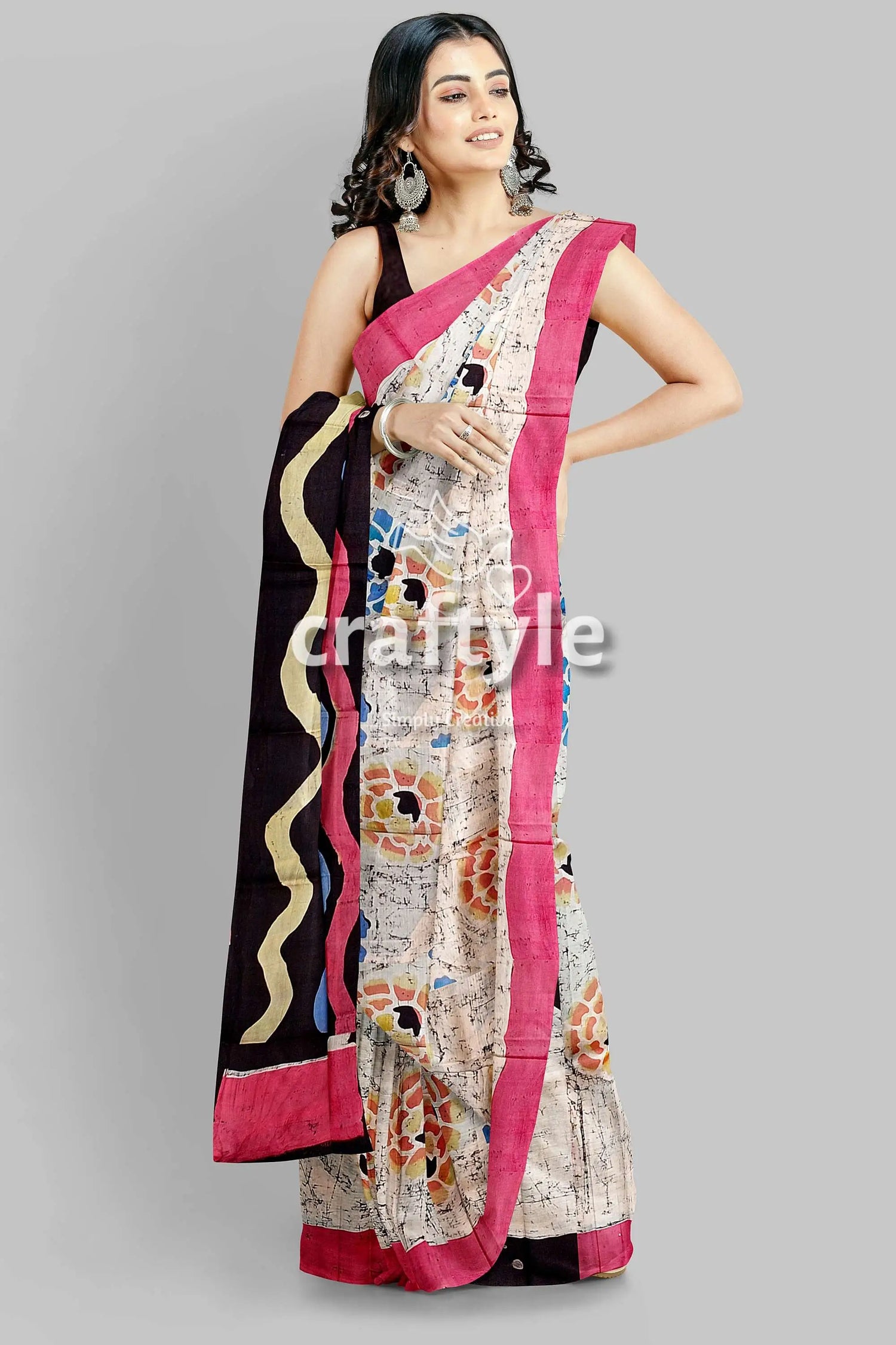 Sri krishna painted hand batik mulberry pure silk saree - woman pink-bordered floral saree 1