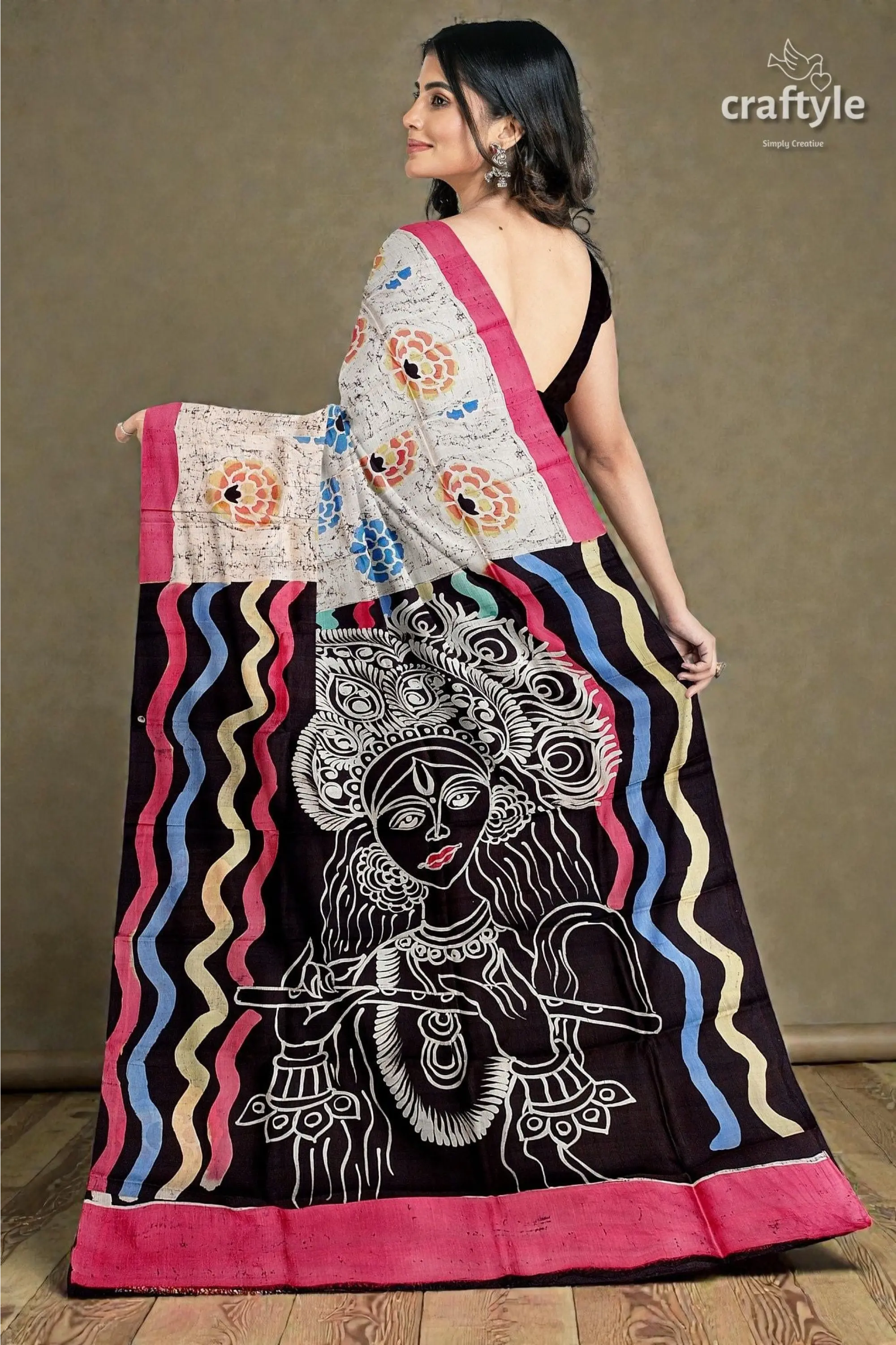 Sri krishna painted hand batik mulberry pure silk saree - 4