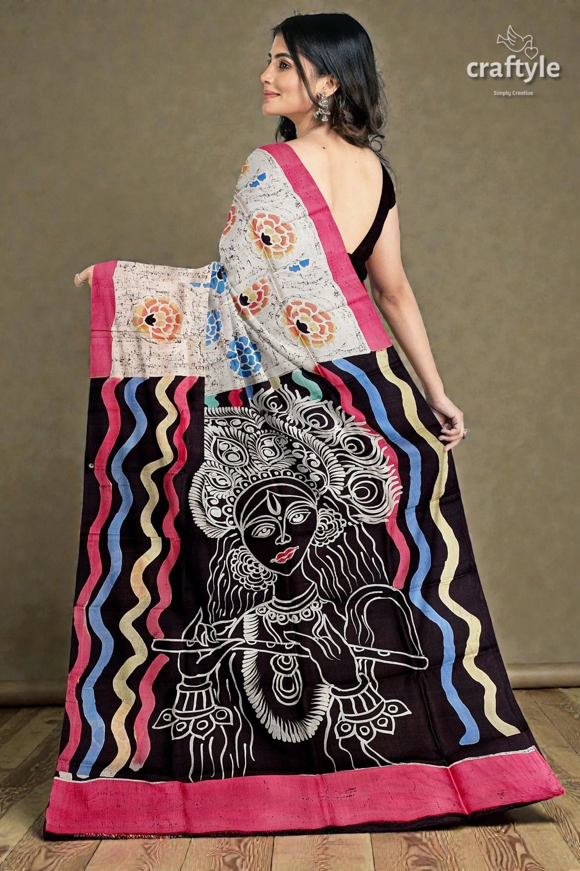 Sri krishna painted hand batik mulberry pure silk saree - vibrant hand-block printed cotton saree 4