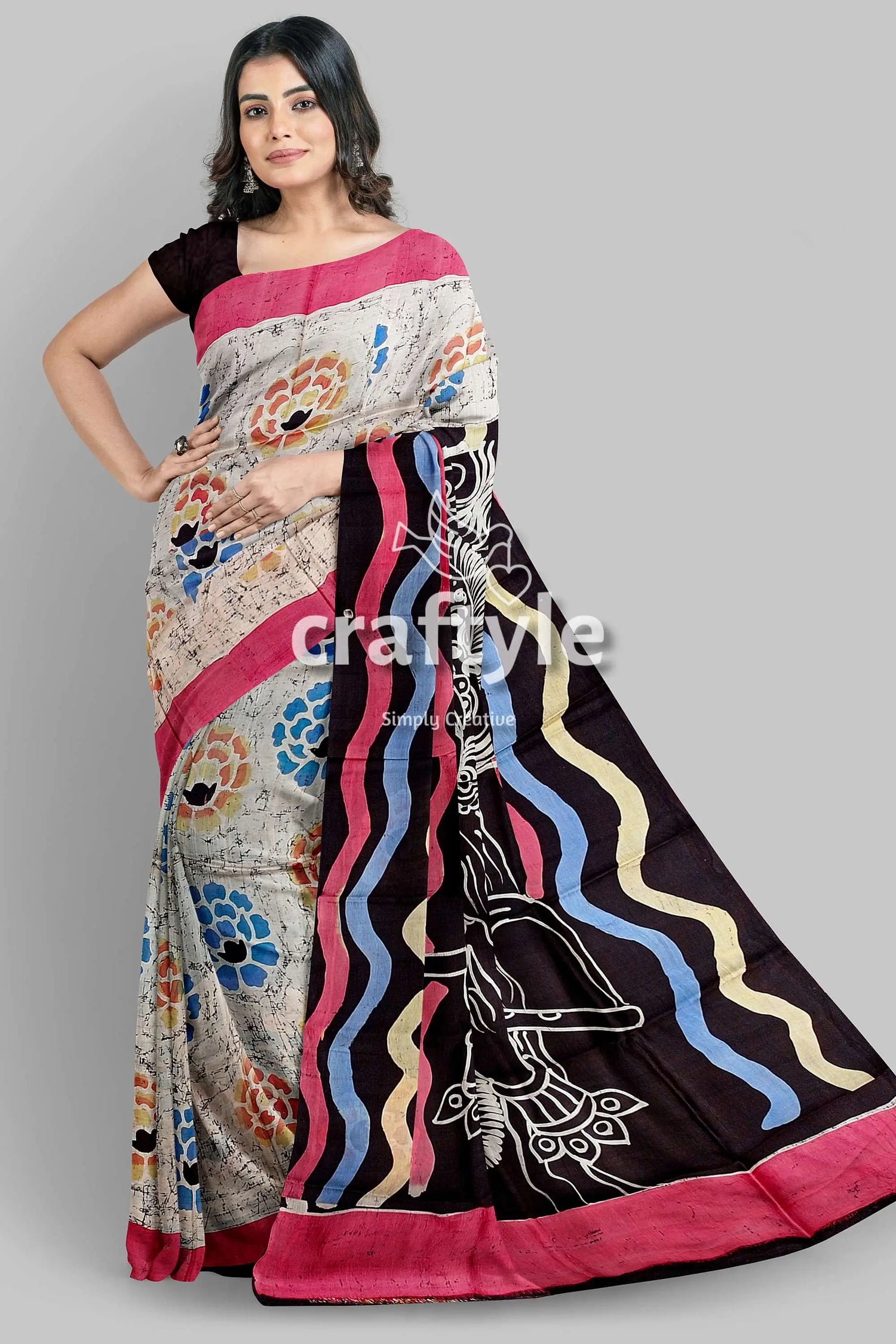 Sri krishna painted hand batik mulberry pure silk saree - woman batik saree 3