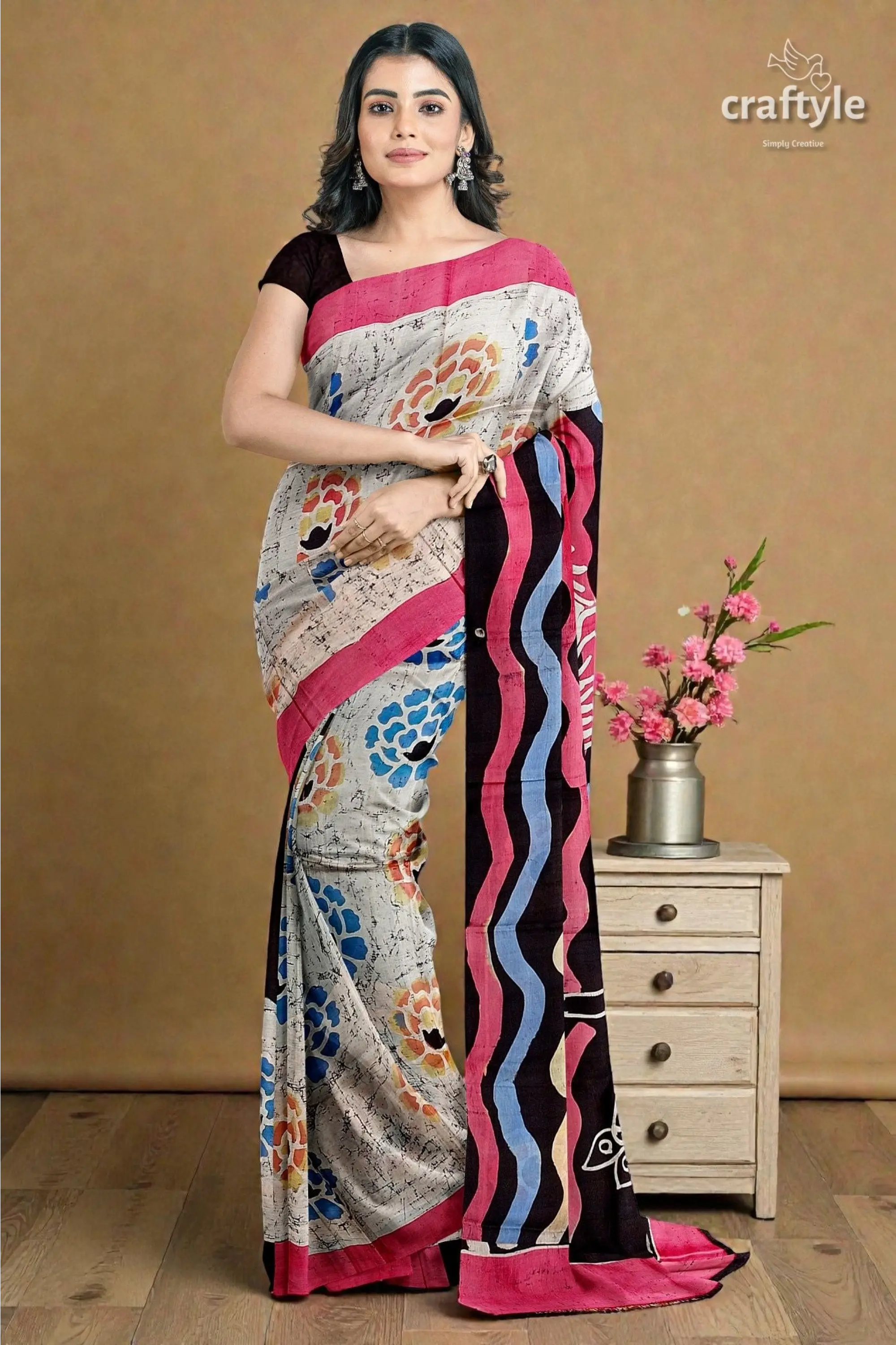 Sri krishna painted hand batik mulberry pure silk saree - 6