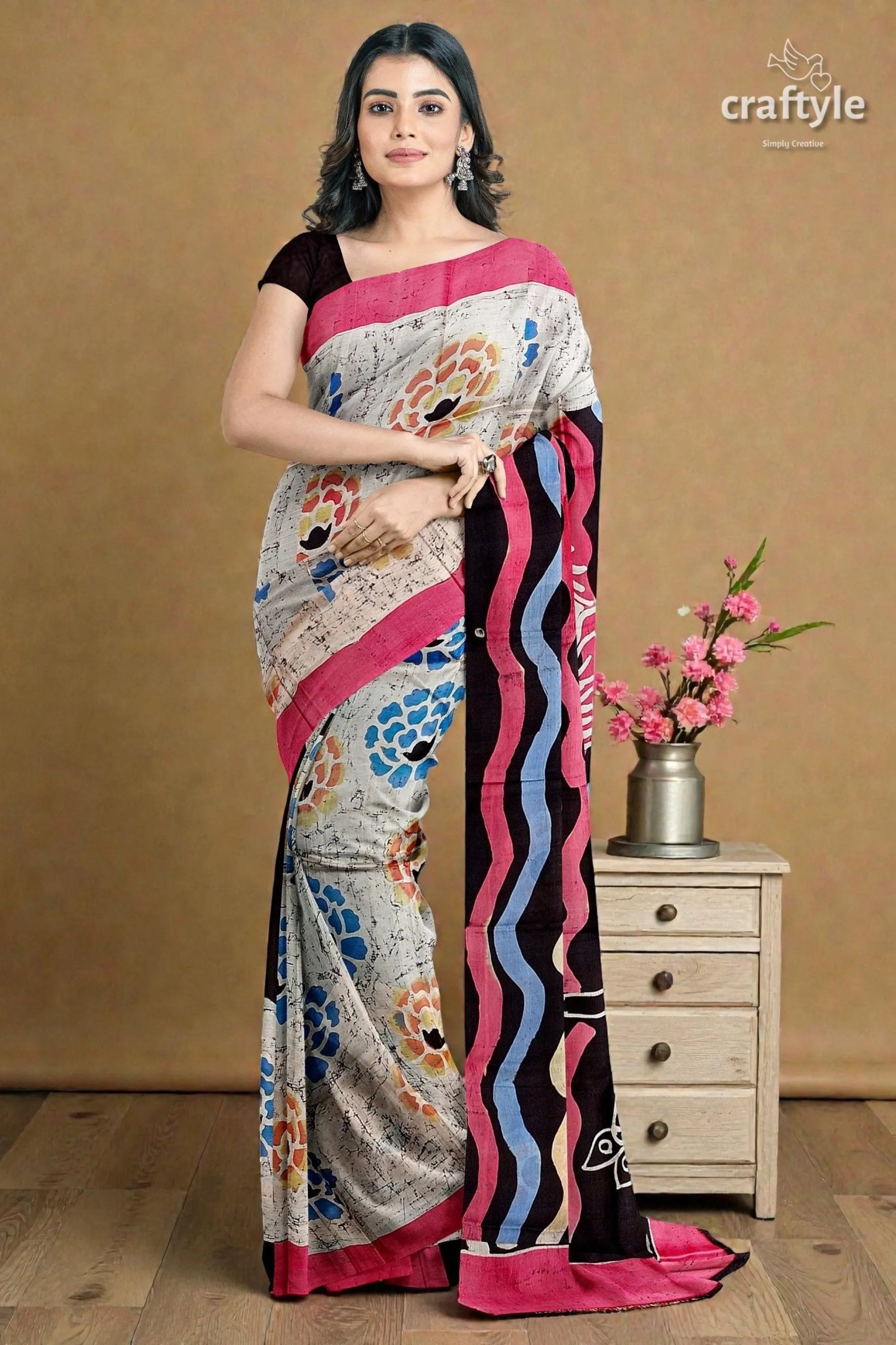 Sri krishna painted hand batik mulberry pure silk saree - woman wears vibrant patterned saree 6