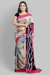 Sri krishna painted hand batik mulberry pure silk saree - woman floral patterned saree 5