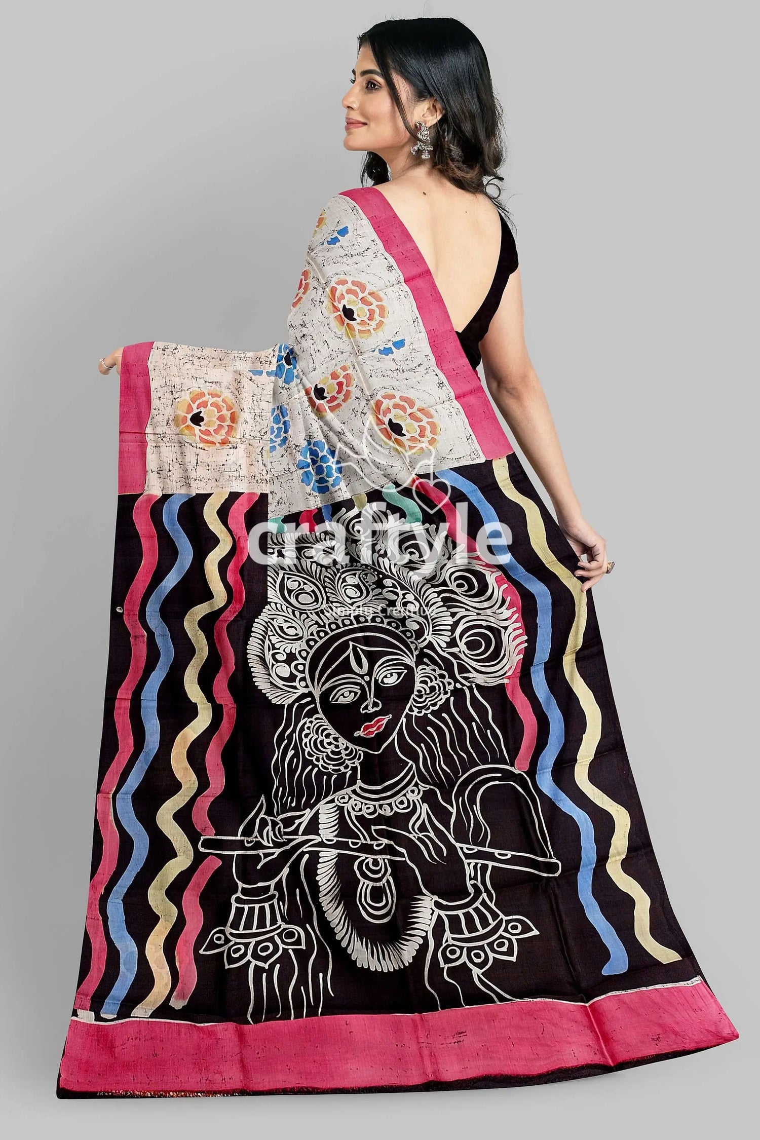 Sri krishna painted hand batik mulberry pure silk saree - woman batik-printed saree 6