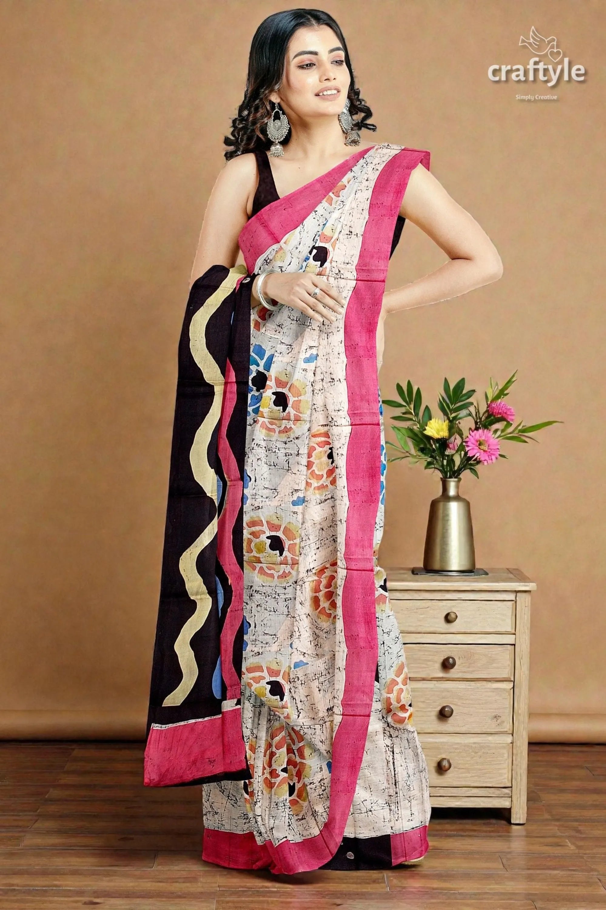 Sri krishna painted hand batik mulberry pure silk saree - vibrant pink black printed saree 1