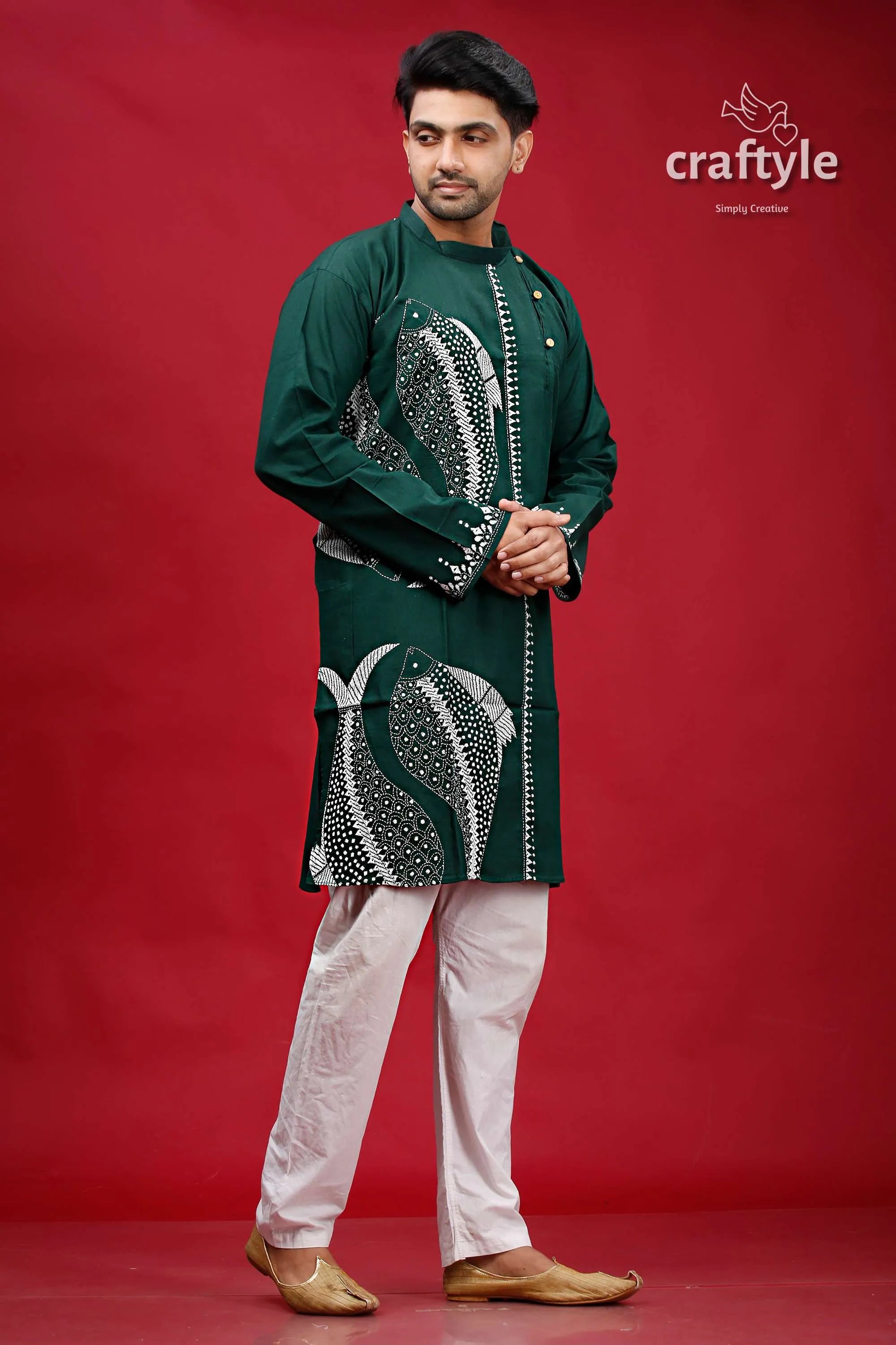 State green with white fish motif kantha cotton punjabi for men dark embroidered kurta 4