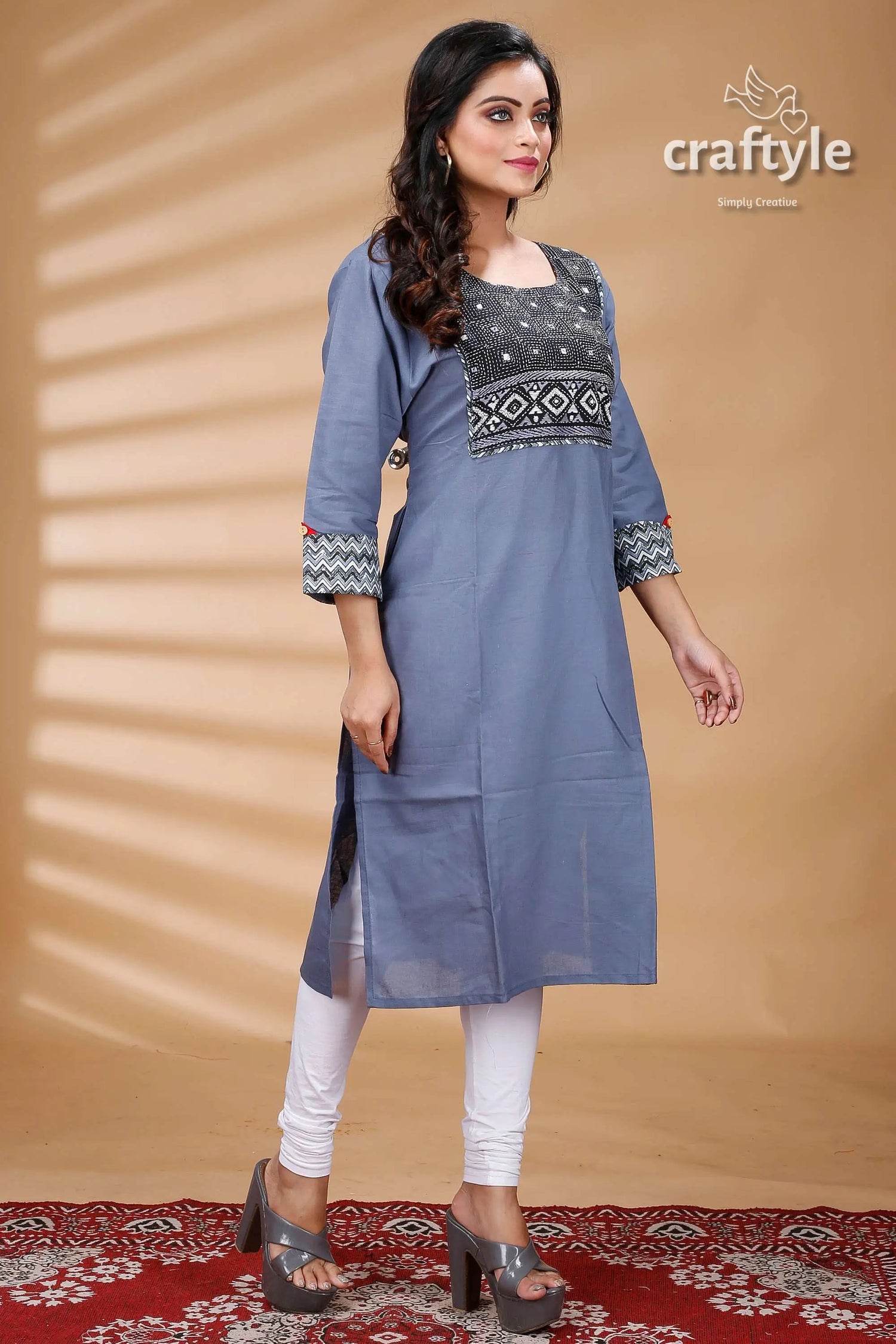 Steal teal and black kantha work cotton designer kurti blue kurta embroidered 3