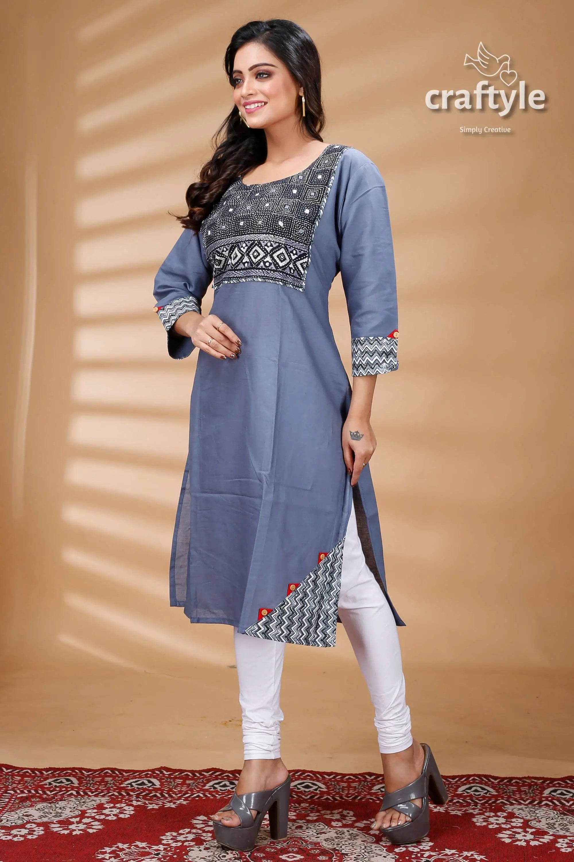 Steal teal and black kantha work cotton designer kurti woman’s blue kurta geometric patterns 4