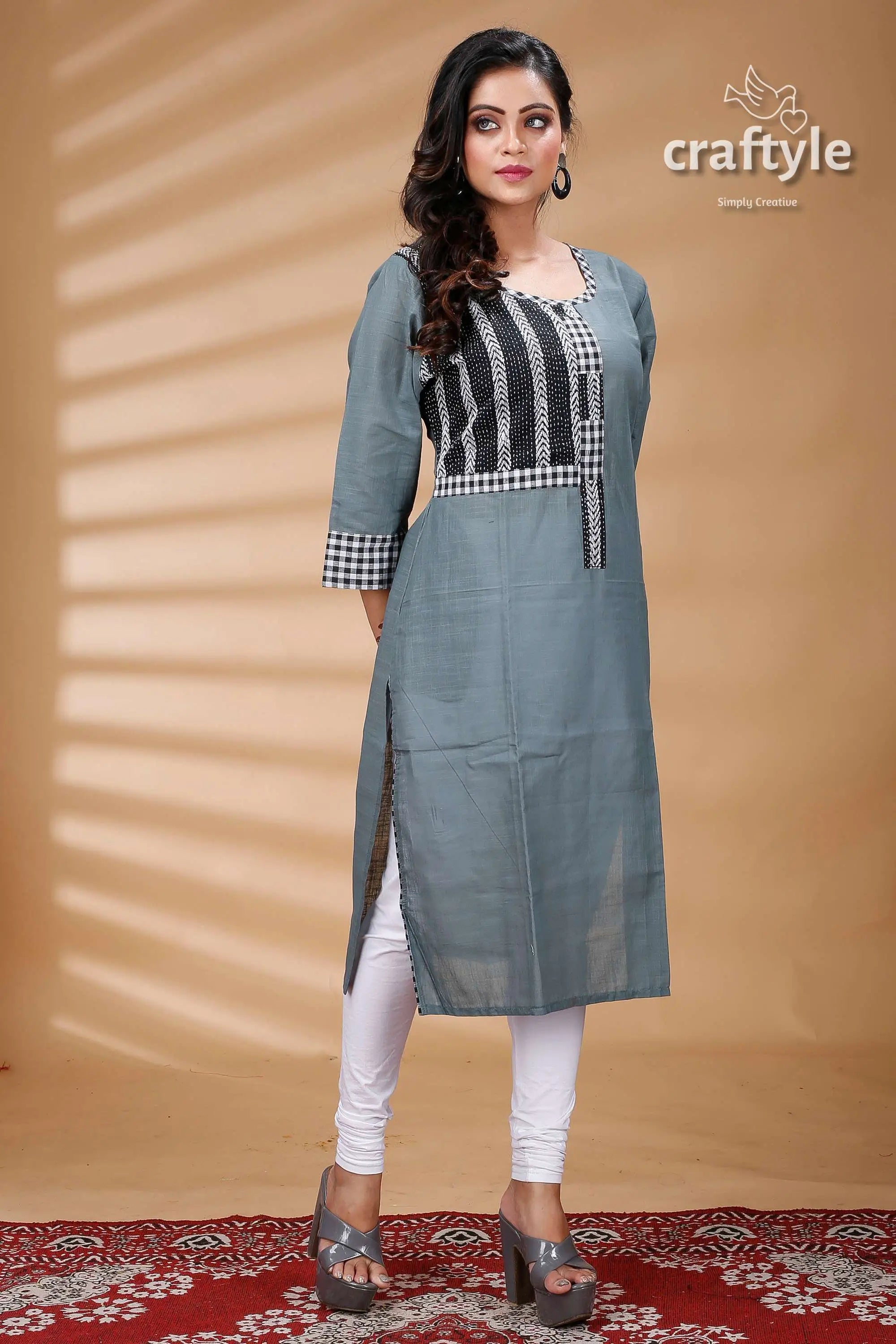Steal teal kantha cotton kurti with check sleeves woman’s gray kurta checkered accents 5