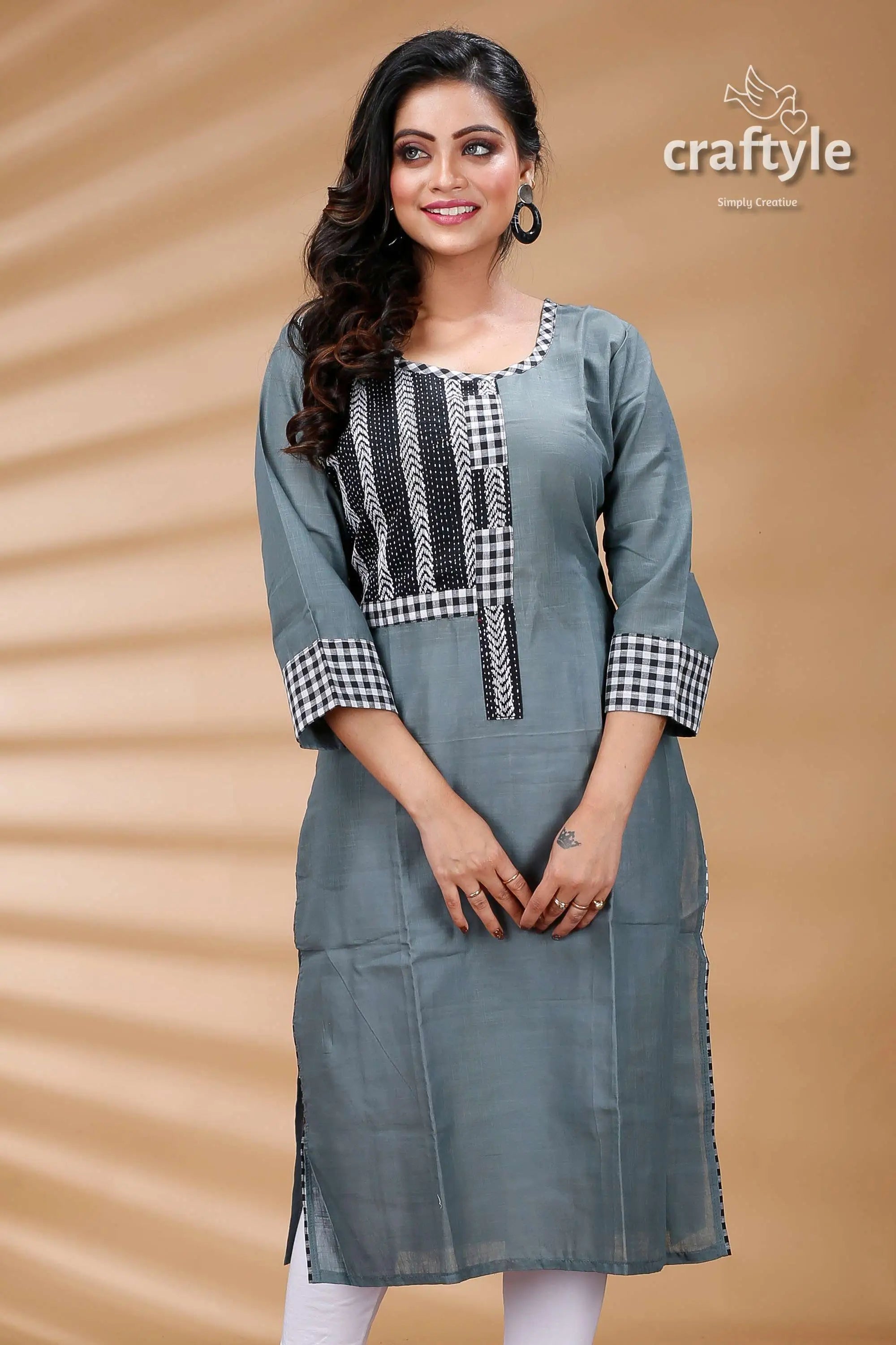 Steal teal kantha cotton kurti with check sleeves gray kurta checkered accents 2