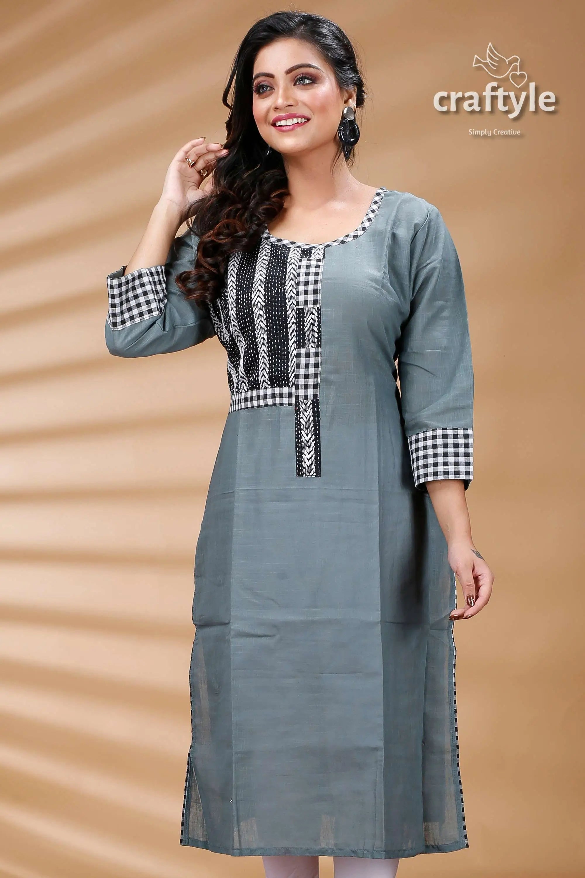 Steal teal kantha cotton kurti with check sleeves gray kurta checkered accents 3