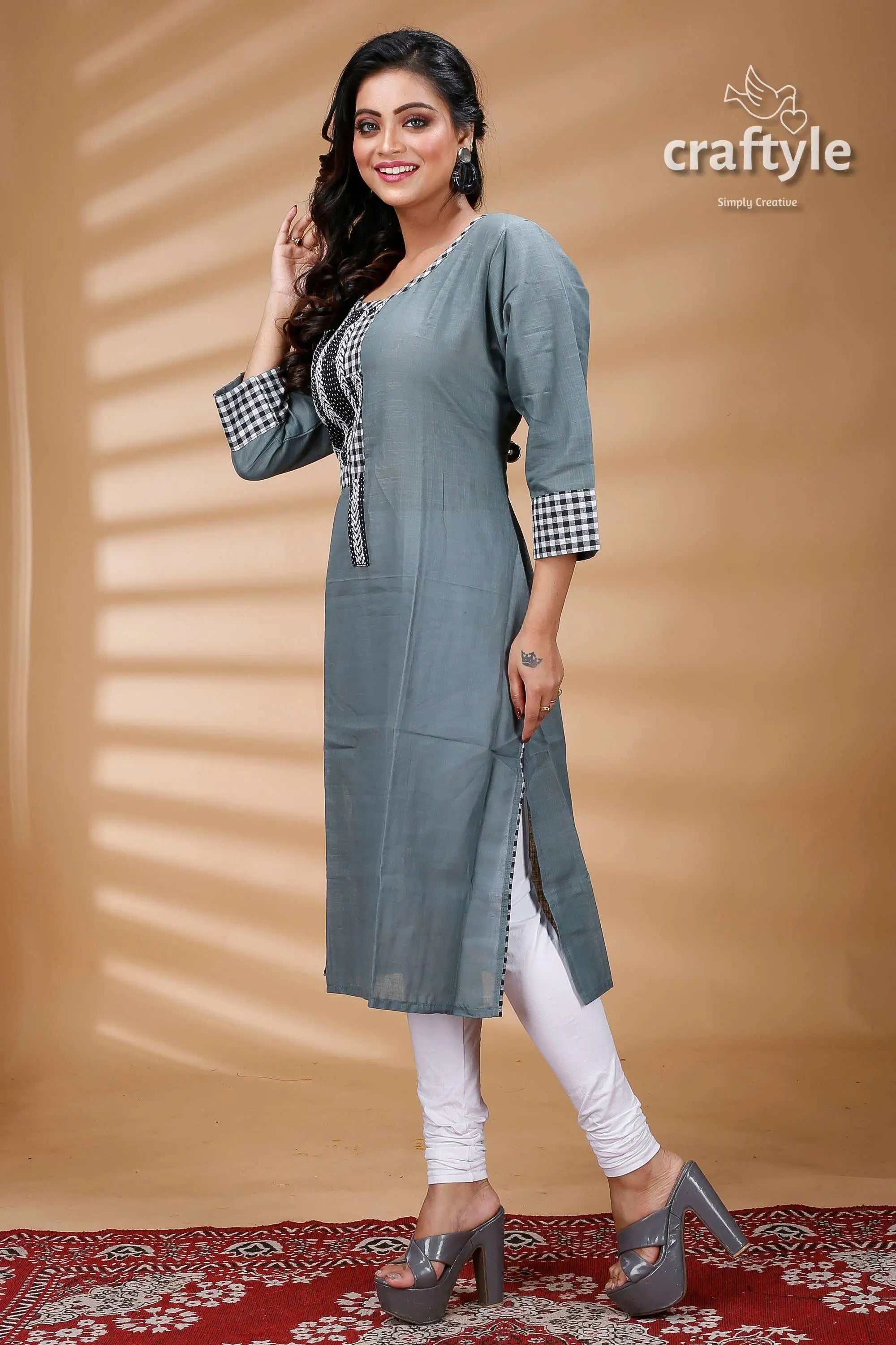 Steal teal kantha cotton kurti with check sleeves woman gray kurta checkered trim 4