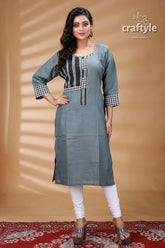 Steal teal kantha cotton kurti with check sleeves gray kurta checkered accents 1