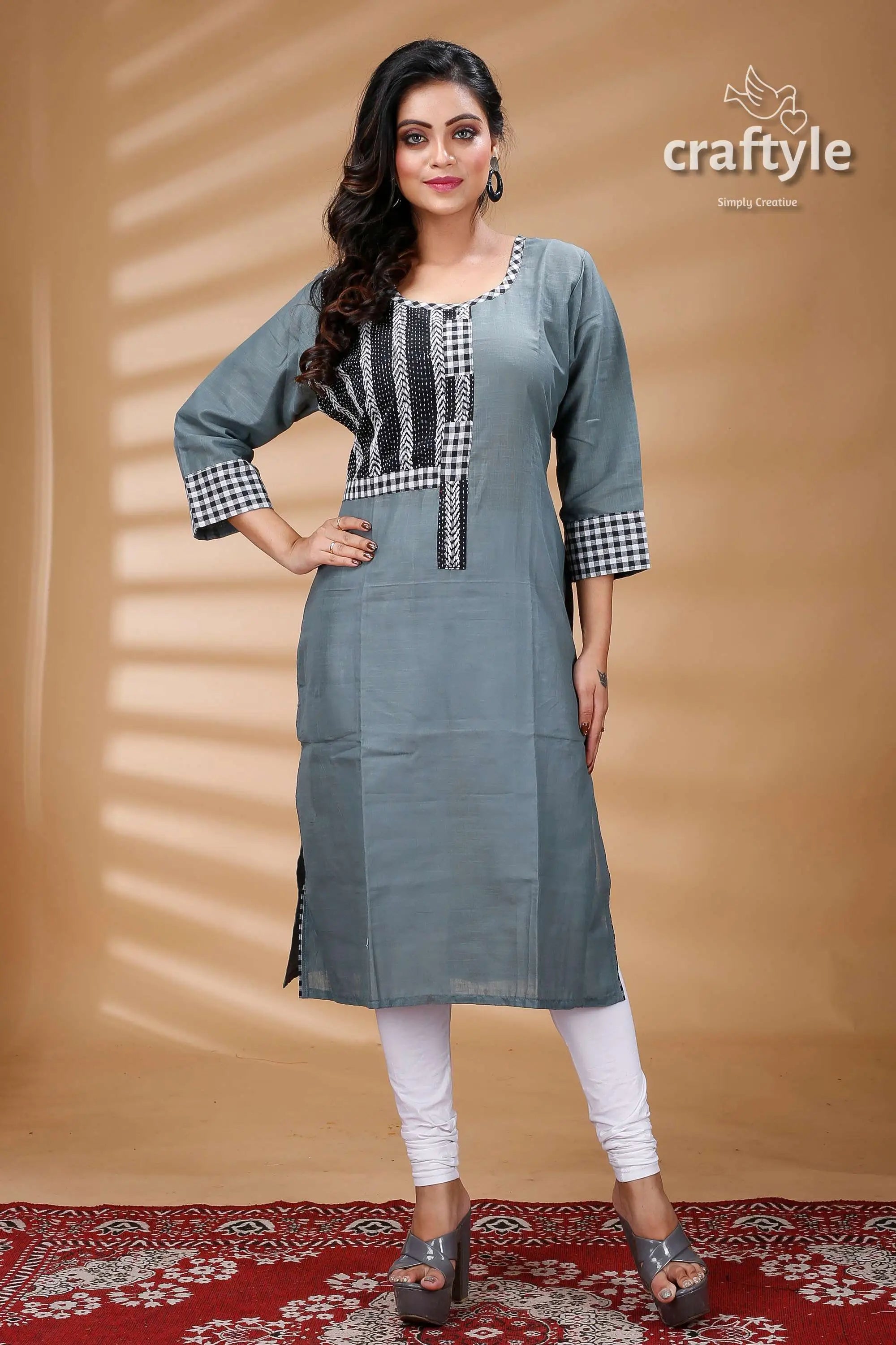 Steal teal kantha cotton kurti with check sleeves gray kurta checkered accents 1