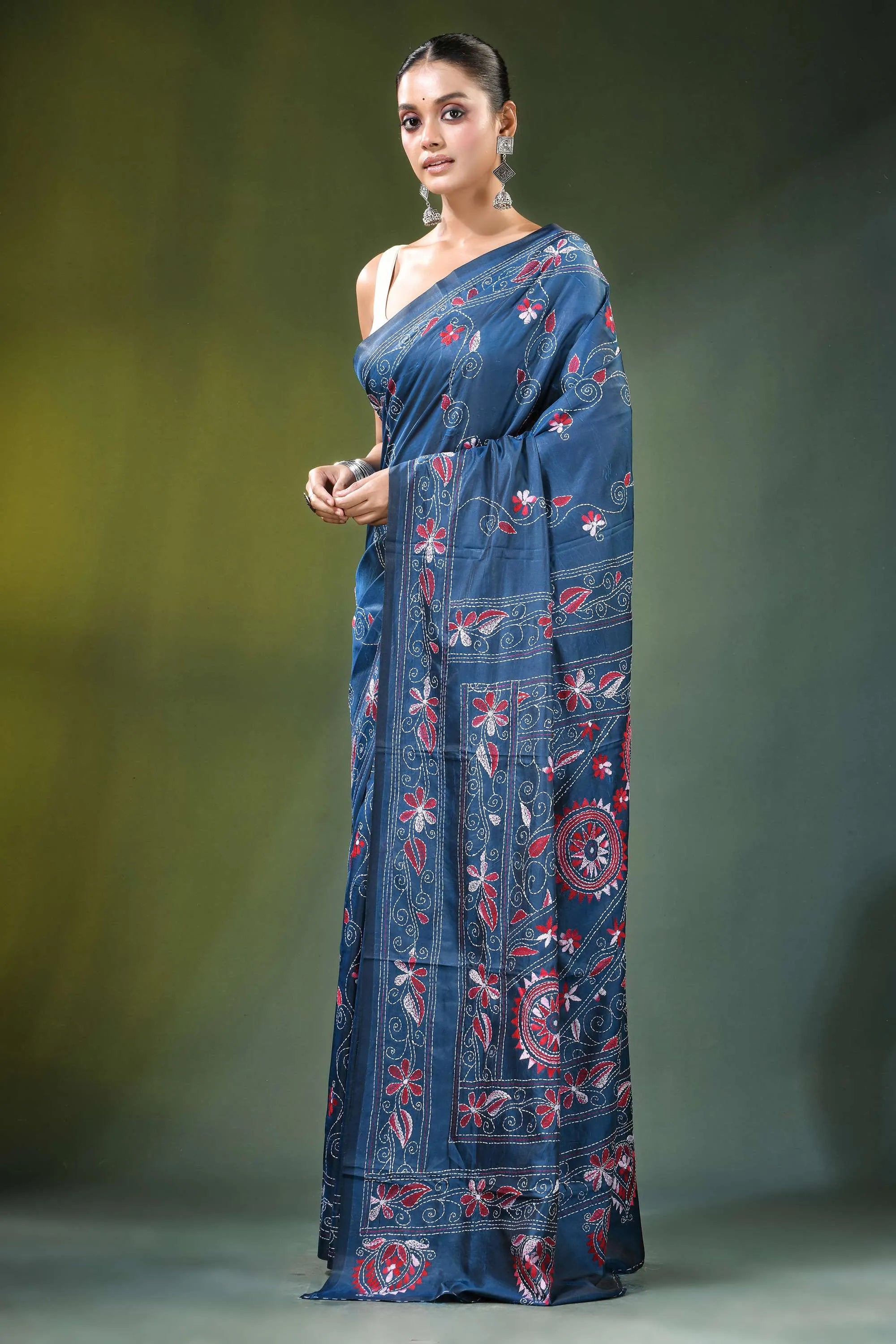 Steel blue ethnic design handmade kantha work silk saree navy adorned 3