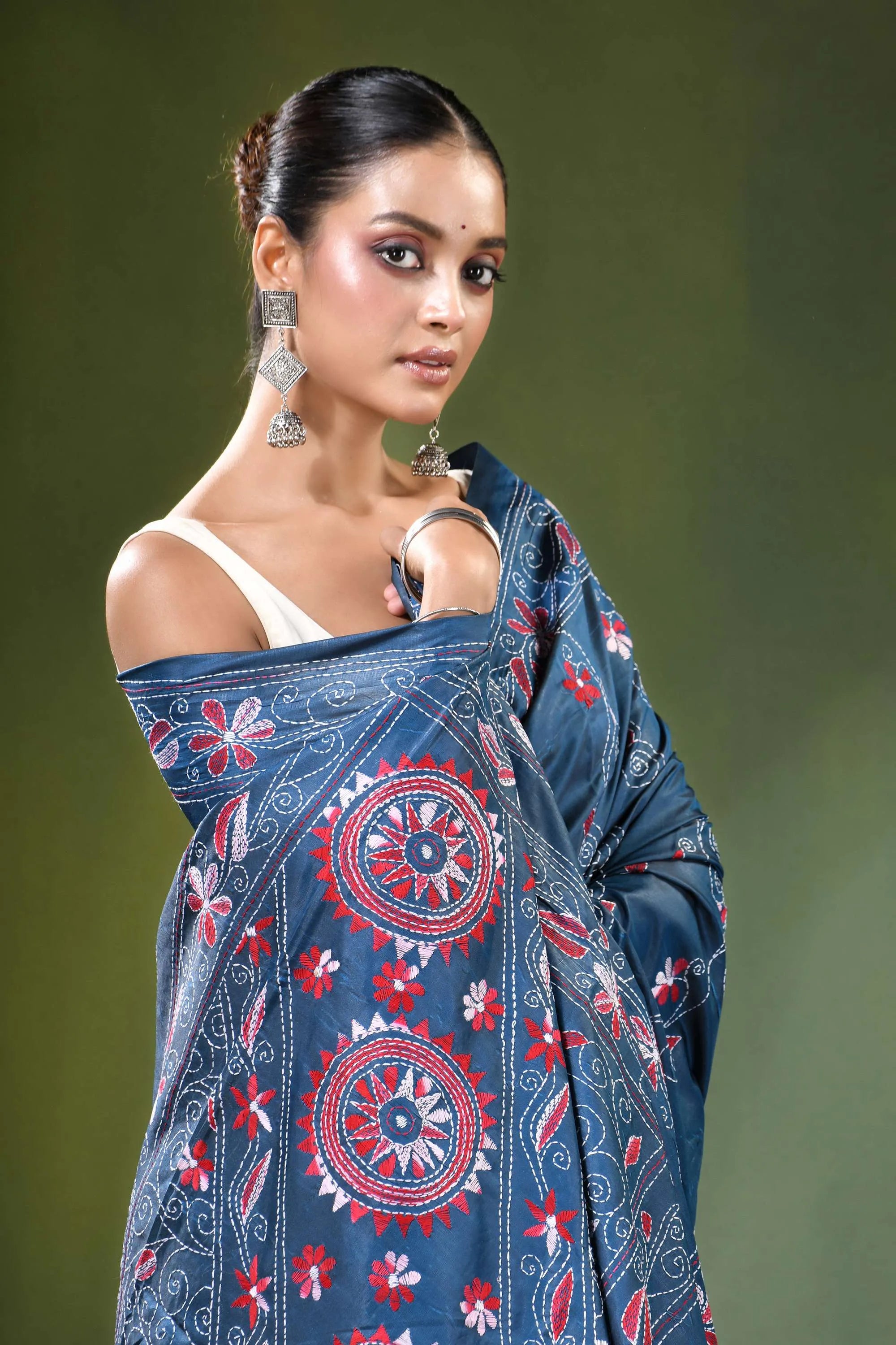 Steel blue ethnic design handmade kantha work silk saree navy intricate red 2