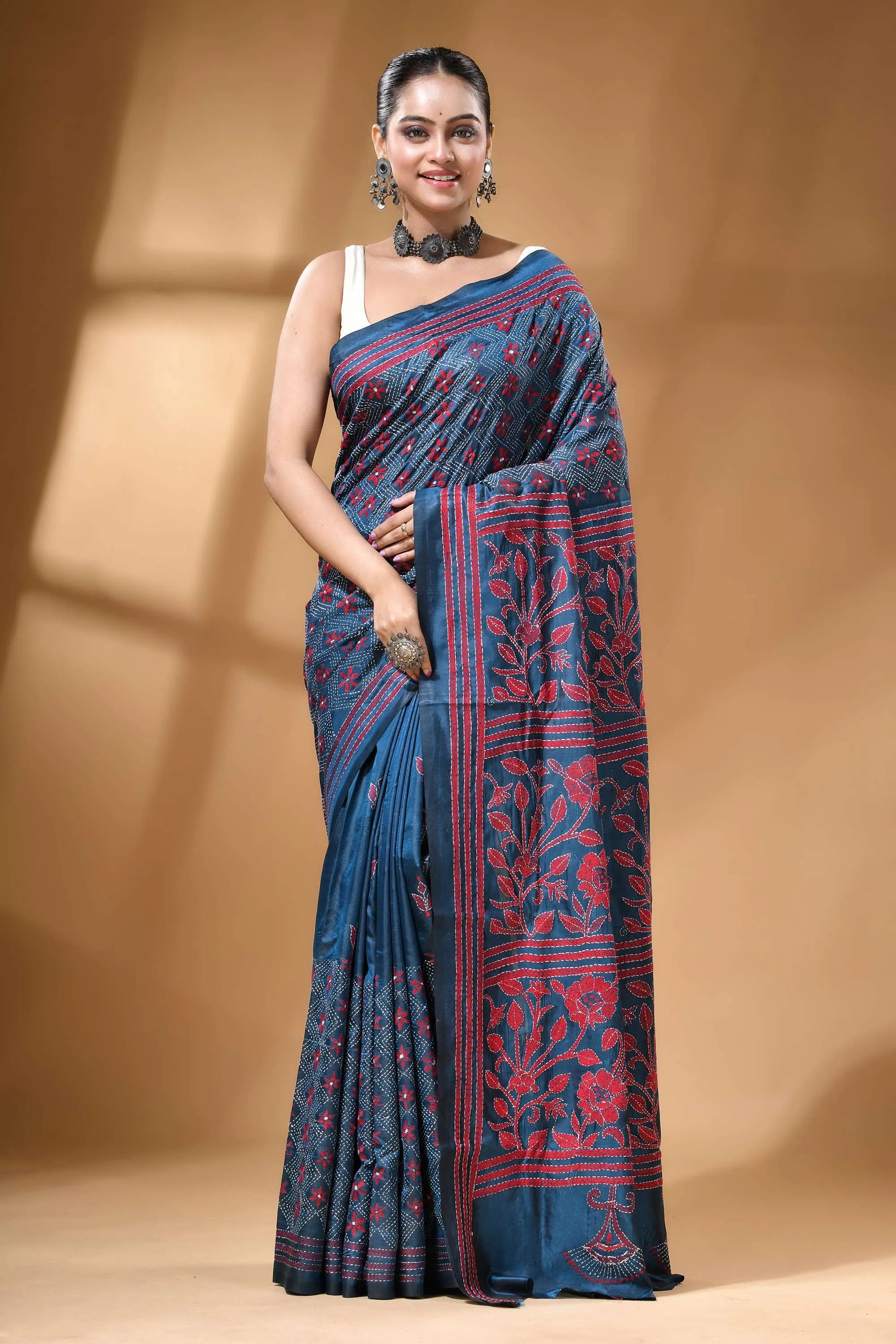 Steel blue floral design silk kantha stitch saree - hand embroidered woman wears navy blue saree 6