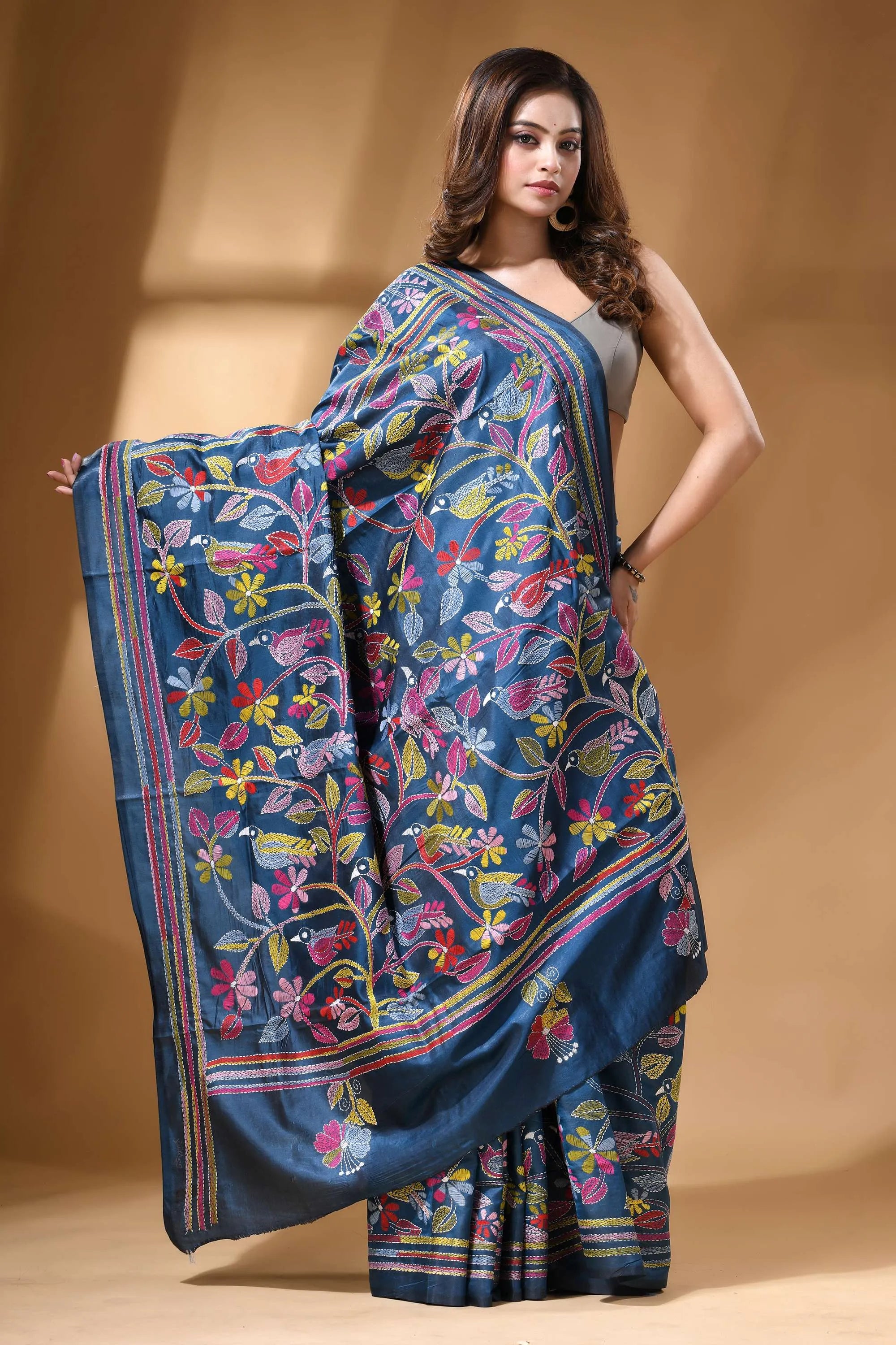 Steel blue multicolor thread bird motif hand silk kantha stitch saree rich navy blue silk saree 5