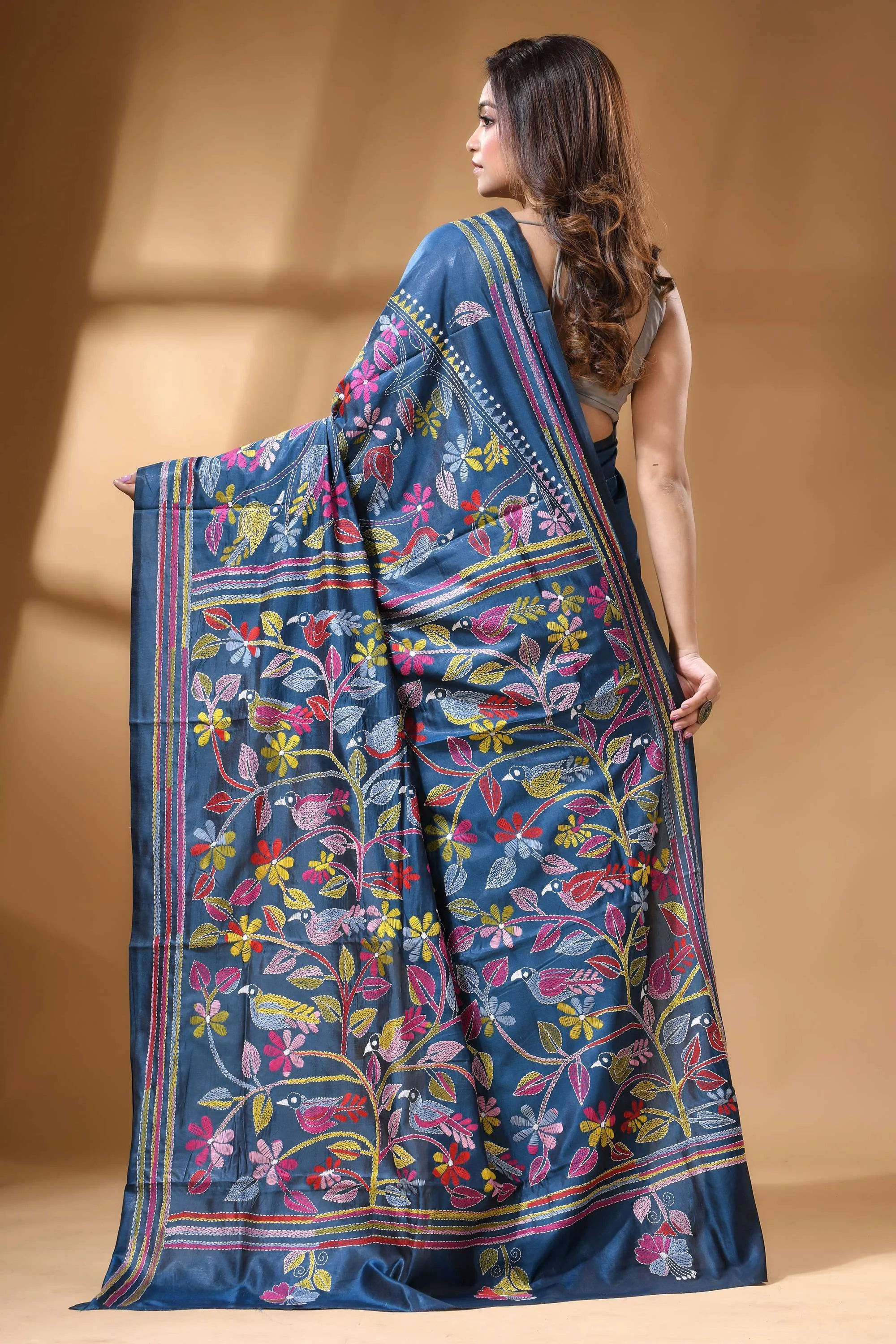 Steel blue multicolor thread bird motif hand silk kantha stitch saree rich navy blue silk saree 4