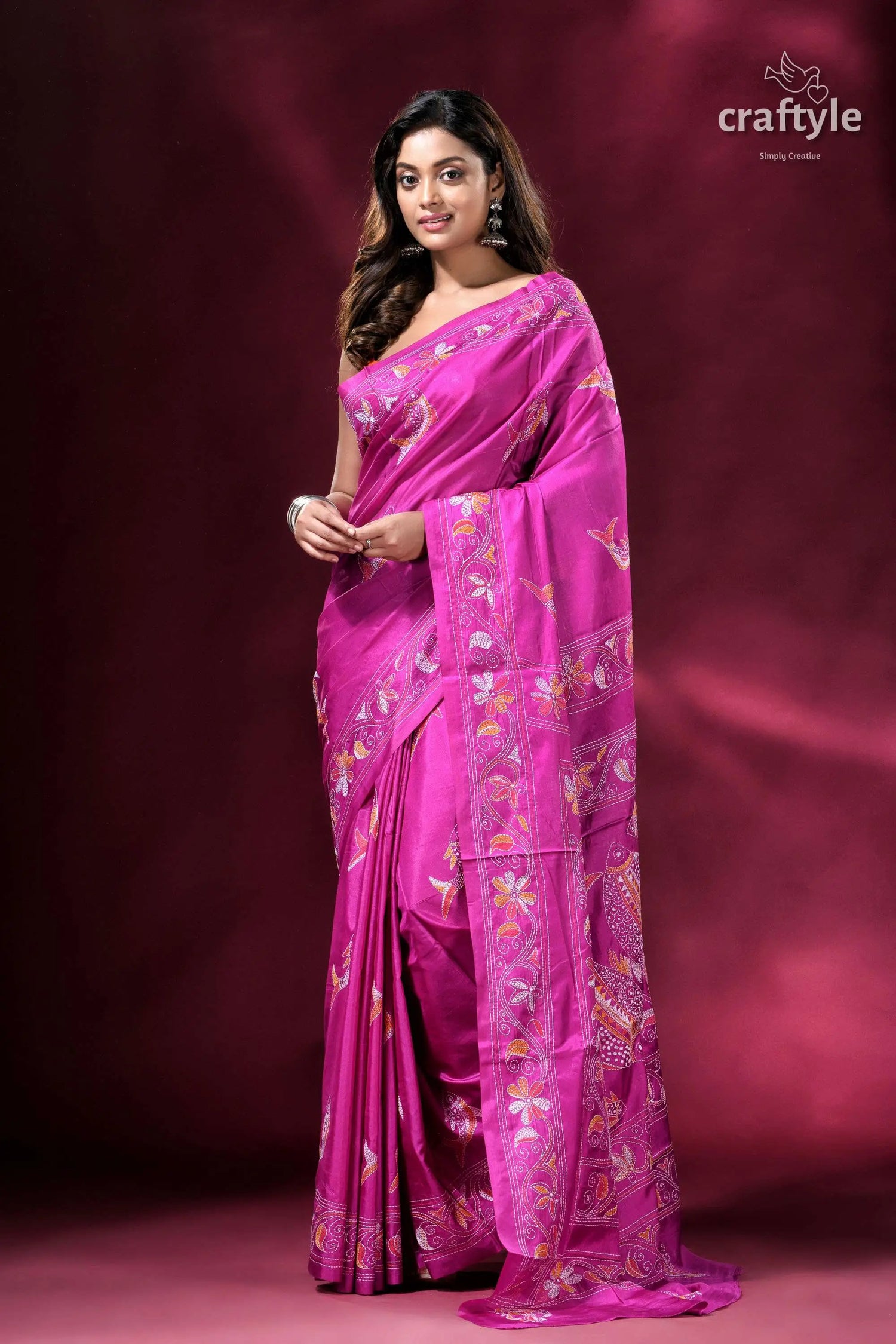 Steel pink fish motif silk kantha saree magenta saree embroidered floral patterns 2
