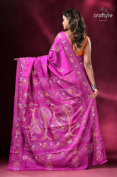 Steel pink fish motif silk kantha saree magenta saree elephant embroidery 4