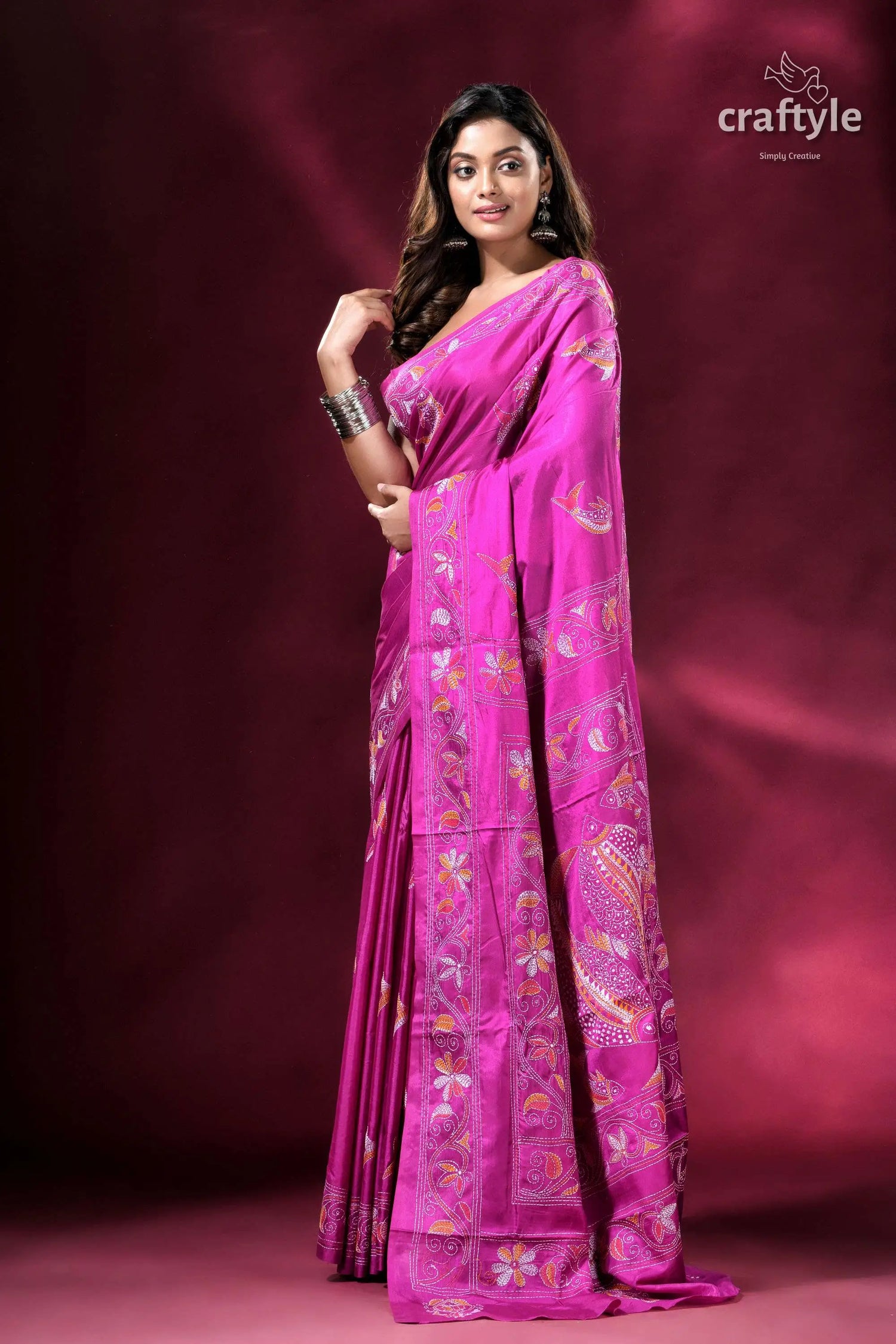 Steel pink fish motif silk kantha saree pink embroidered saree 3