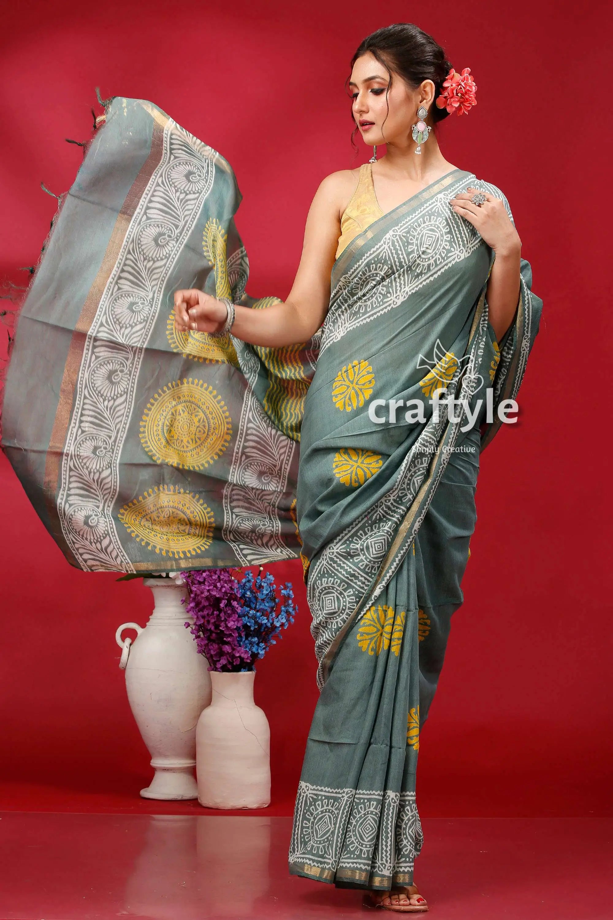 Steel teal modal silk saree - stylish choice for party wear gray saree yellow white patterns 4