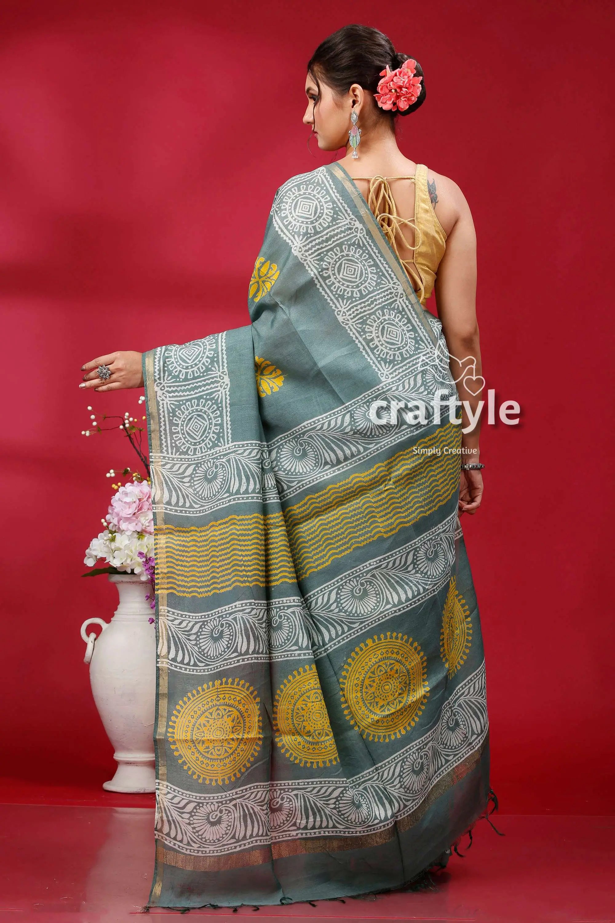 Steel teal modal silk saree - stylish choice for party wear gray yellow patterned saree 5