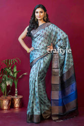 Stone blue hand block print zari pure tussar saree for women elegant blue floral saree 1