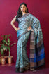 Stone blue hand block print zari pure tussar saree for women elegant blue floral saree 1
