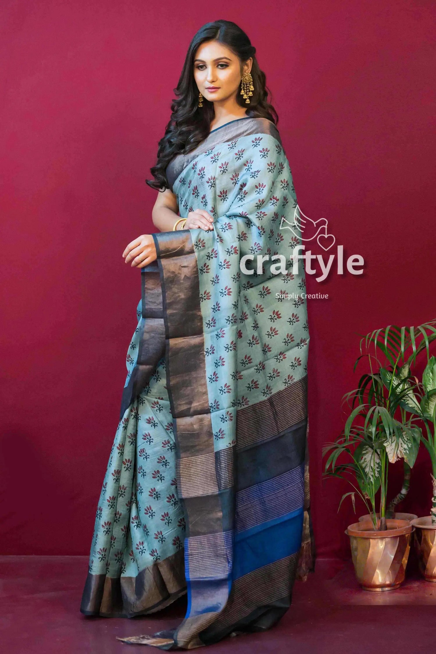 Stone blue hand block print zari pure tussar saree for women woman patterned saree 3