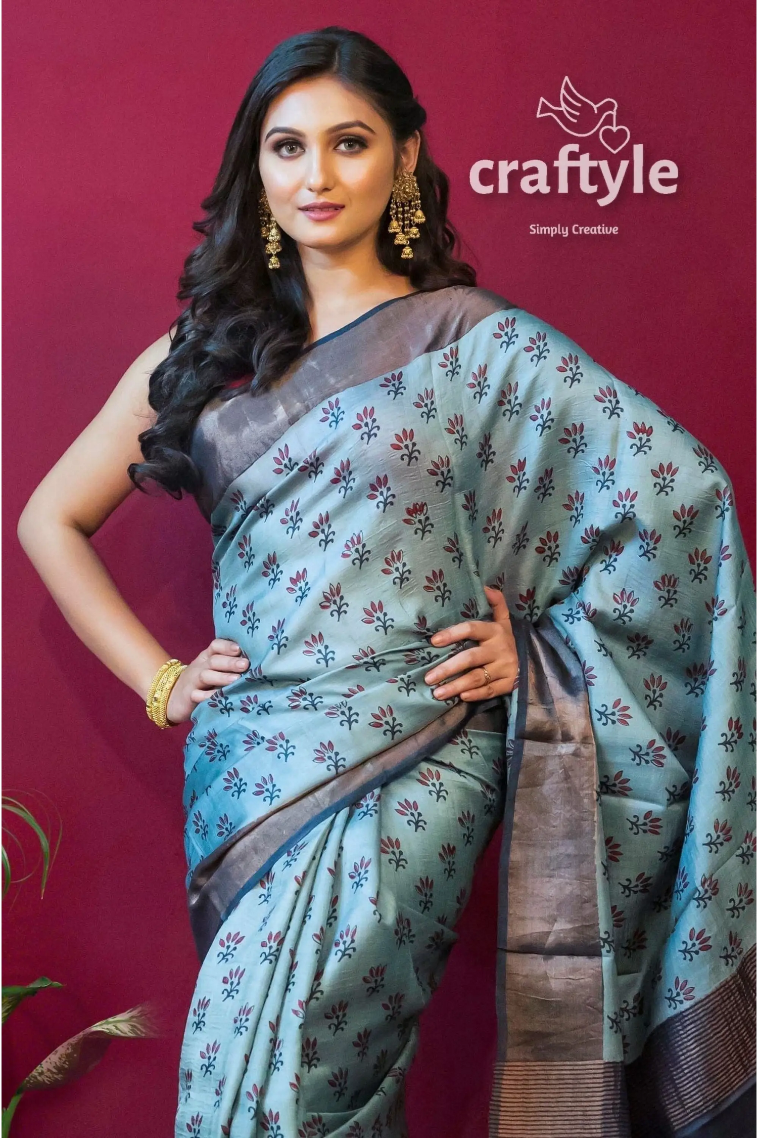 Stone blue hand block print zari pure tussar saree for women floral-patterned saree dark border 2