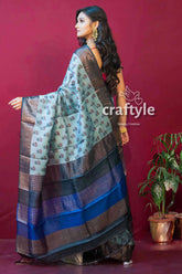 Stone blue hand block print zari pure tussar saree for women woman patterned saree 4