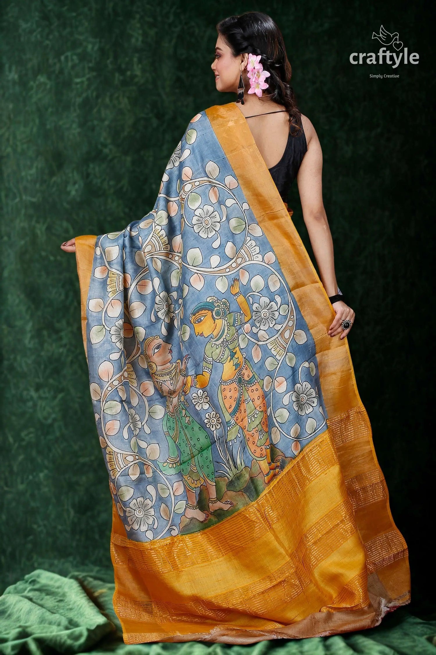 Stone blue handcrafted zari border pure tussar kalamkari sari woman painted saree 3
