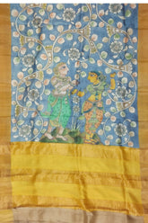 Stone blue handcrafted zari border pure tussar kalamkari sari blue yellow painted saree 4
