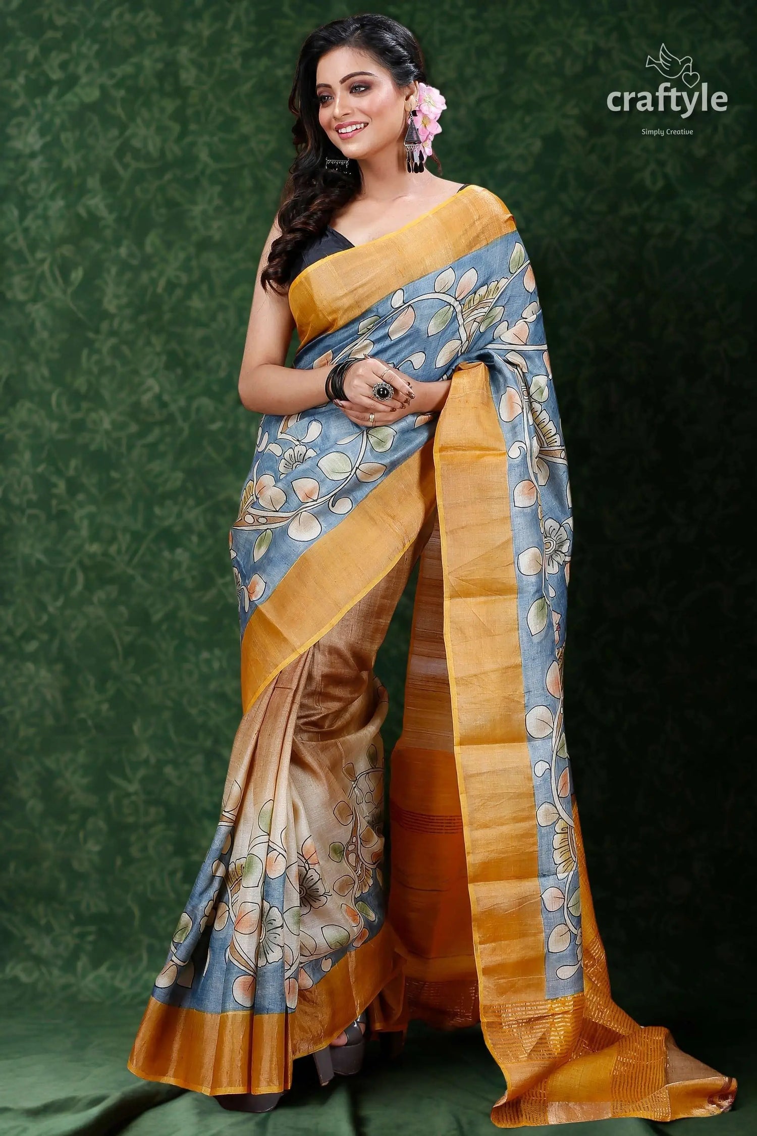 Stone blue handcrafted zari border pure tussar kalamkari sari woman blue gold saree 1